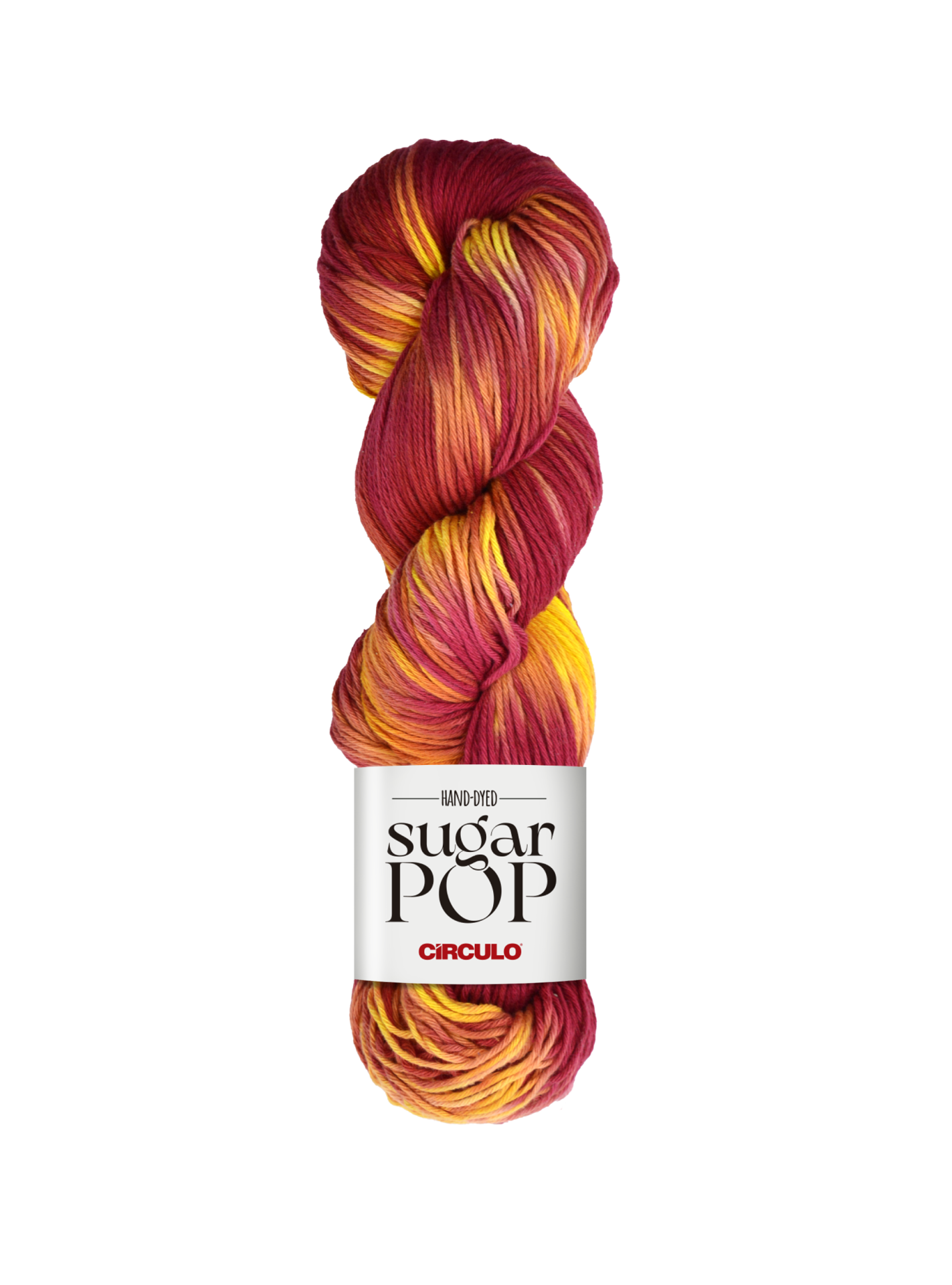 Novelo de lã tingido à mão em vermelho, amarelo e laranja com rótulo branco