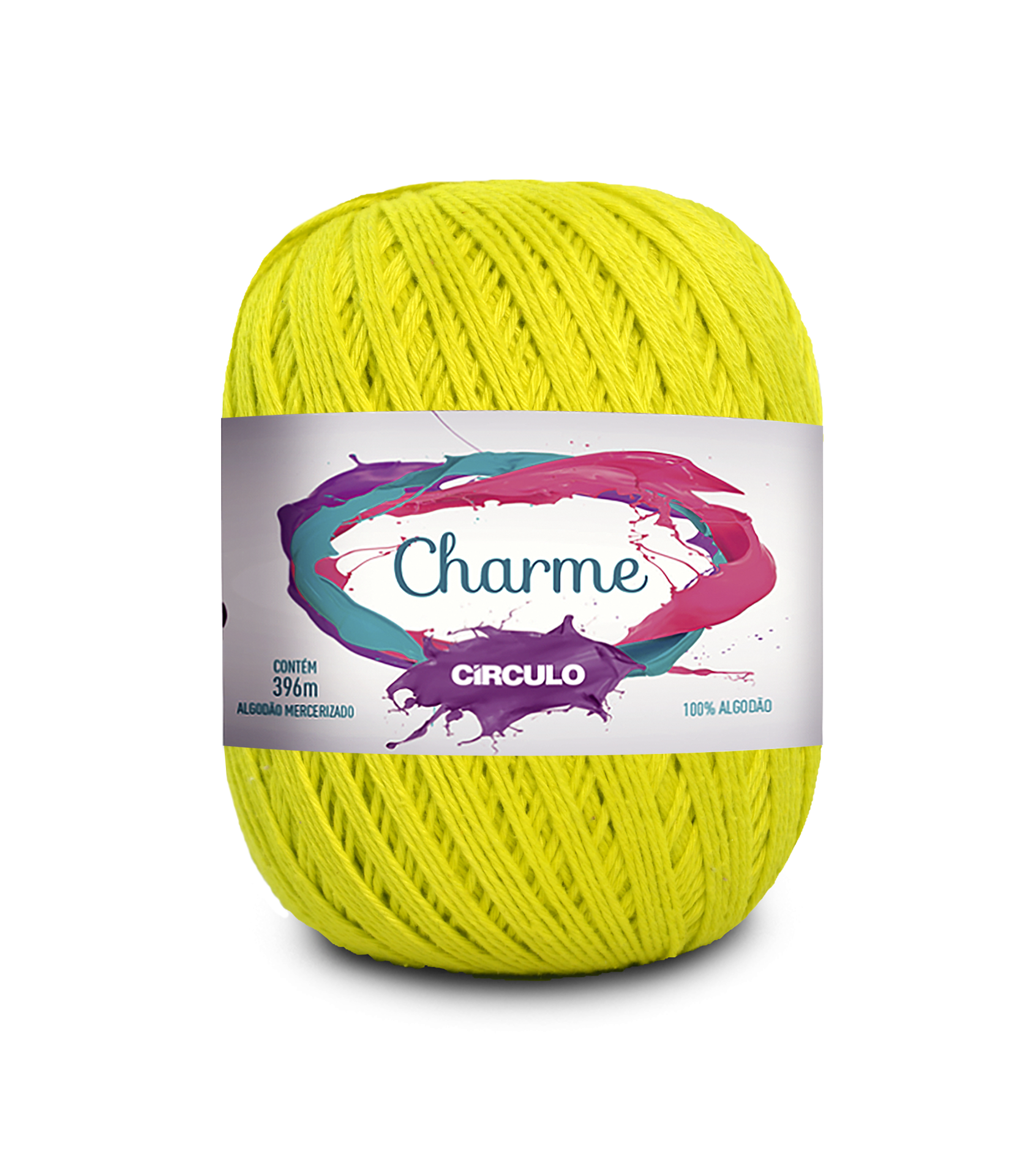 Novelo de fio amarelo com etiqueta branca e texto colorido