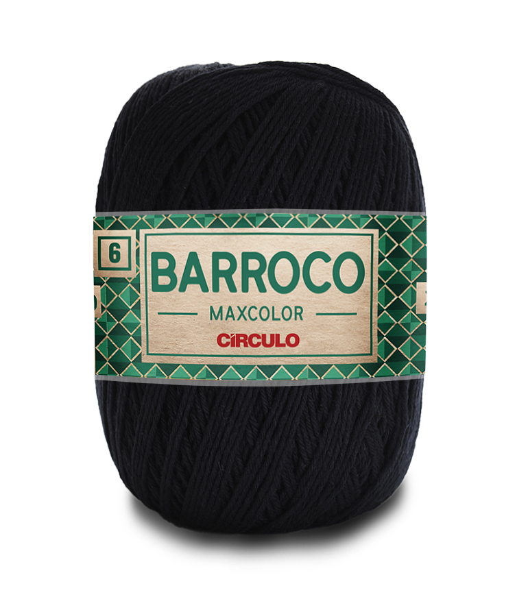 Bola de fio preta com rótulo escrito BARROCO MAXCOLOR CIRCULO