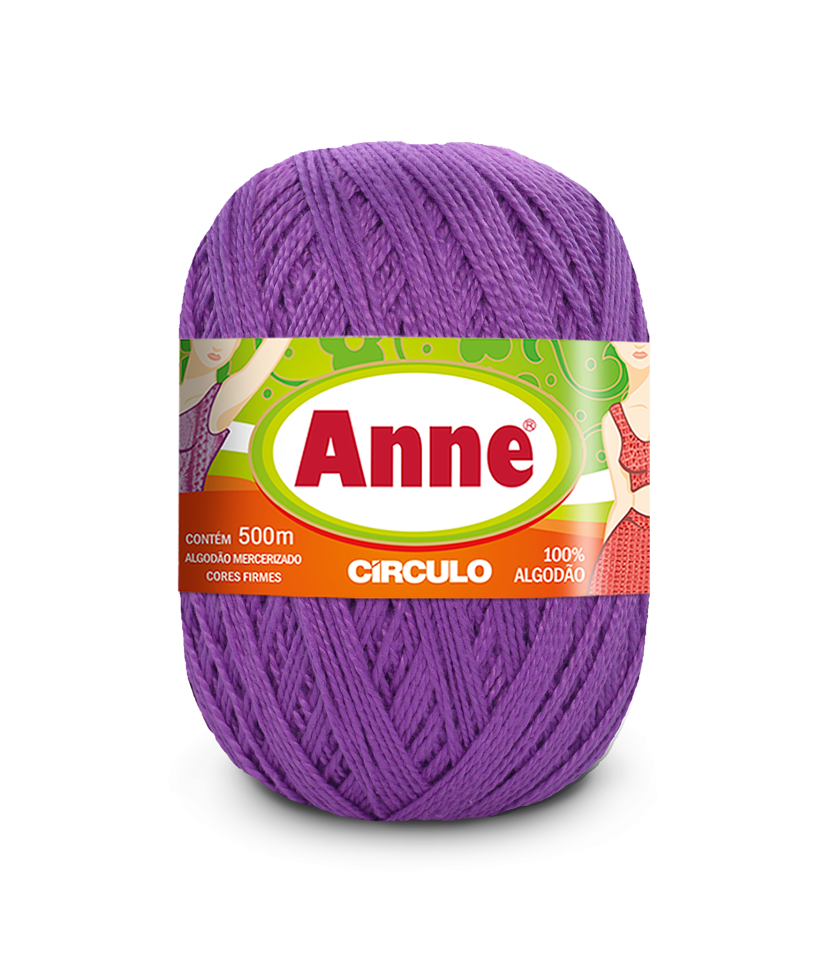 Novelo de linha roxa da marca Anne com embalagem colorida