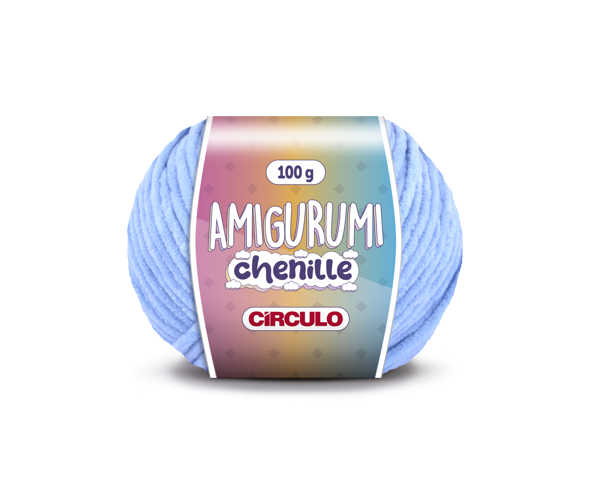 Novelo de fio chenille azul claro com etiqueta colorida