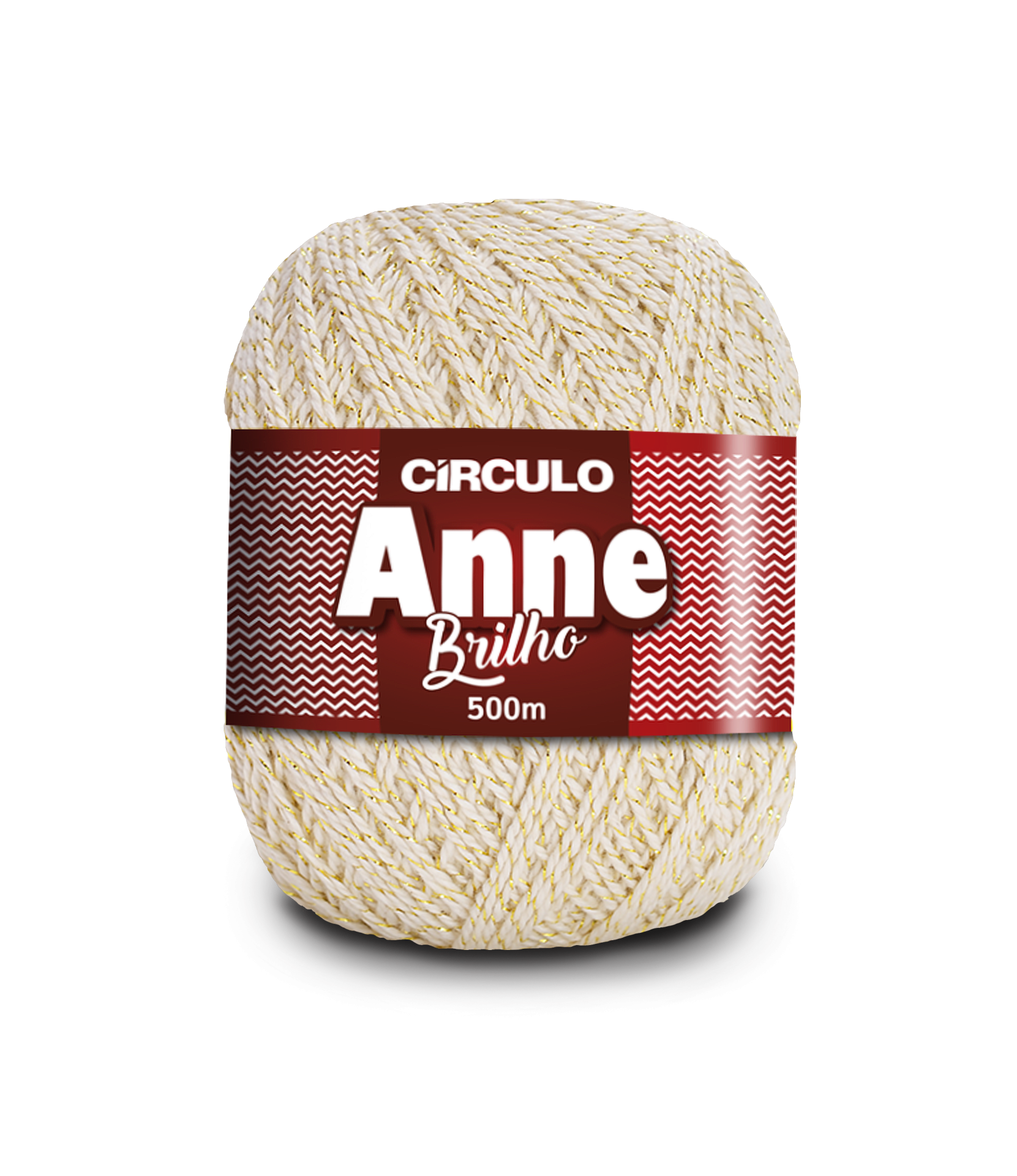 Bola de fio branco com trama dourada e etiqueta vermelha com texto