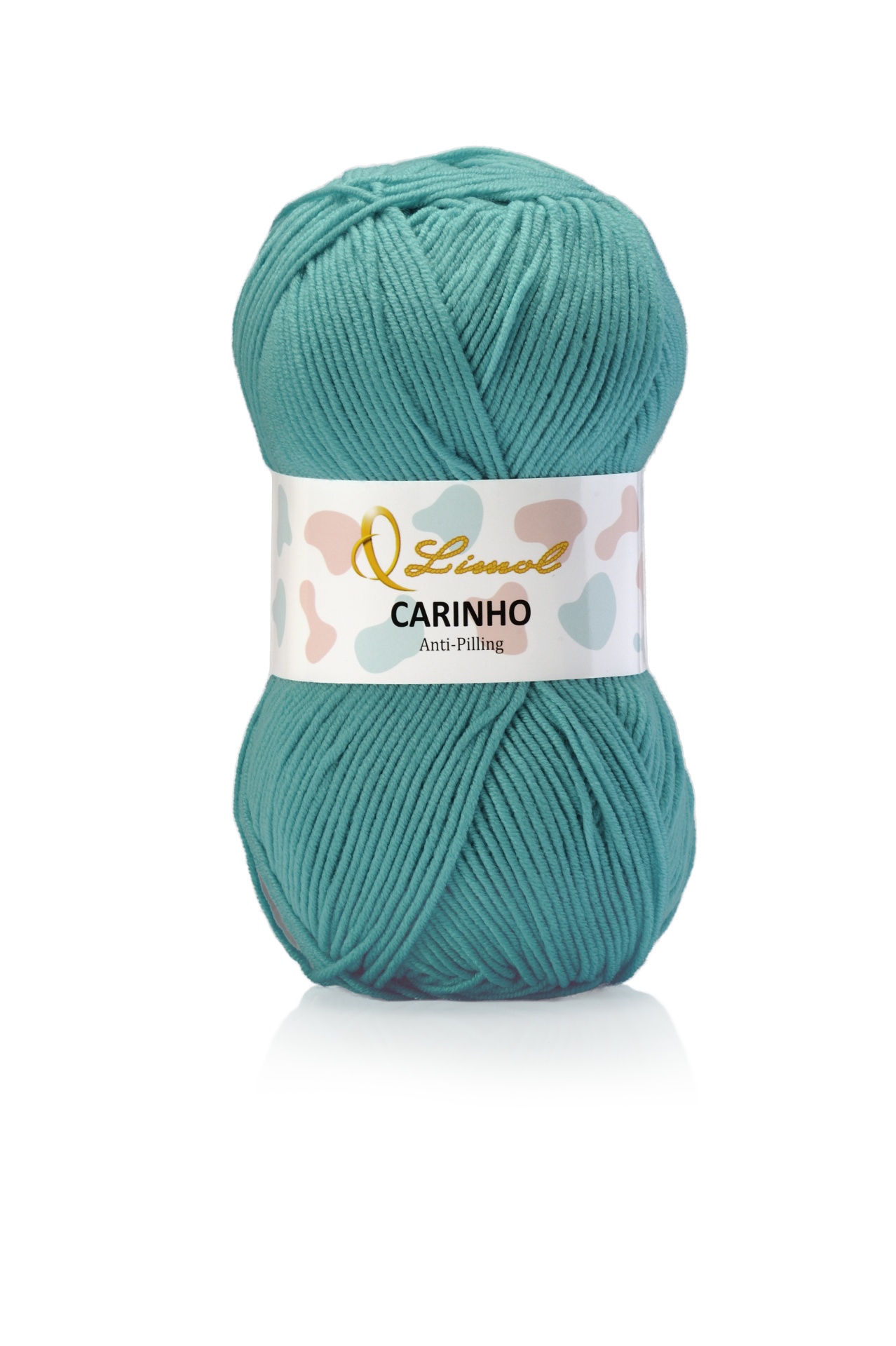 Novelo de lã azul-petróleo com rótulo branco e texto