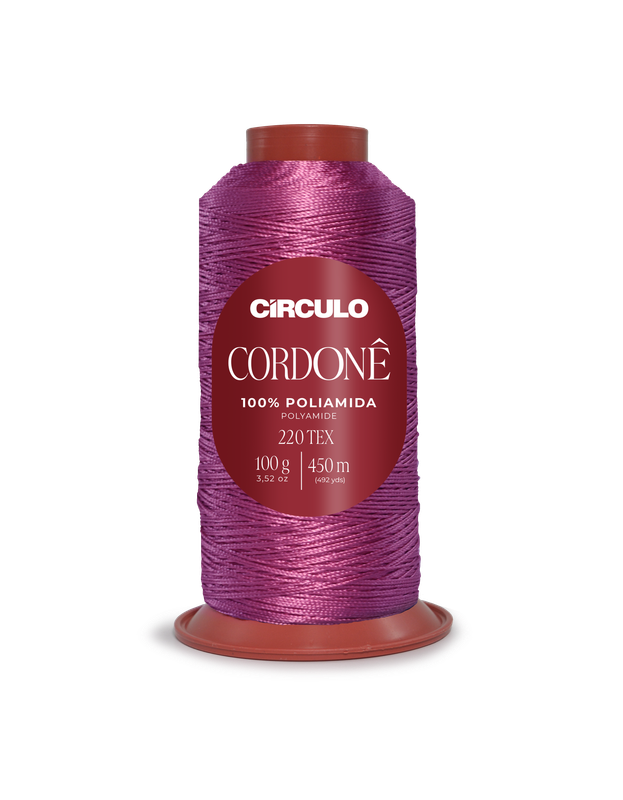 Cone de fio Círculo Cordonê rosa metálico com rótulo vermelho