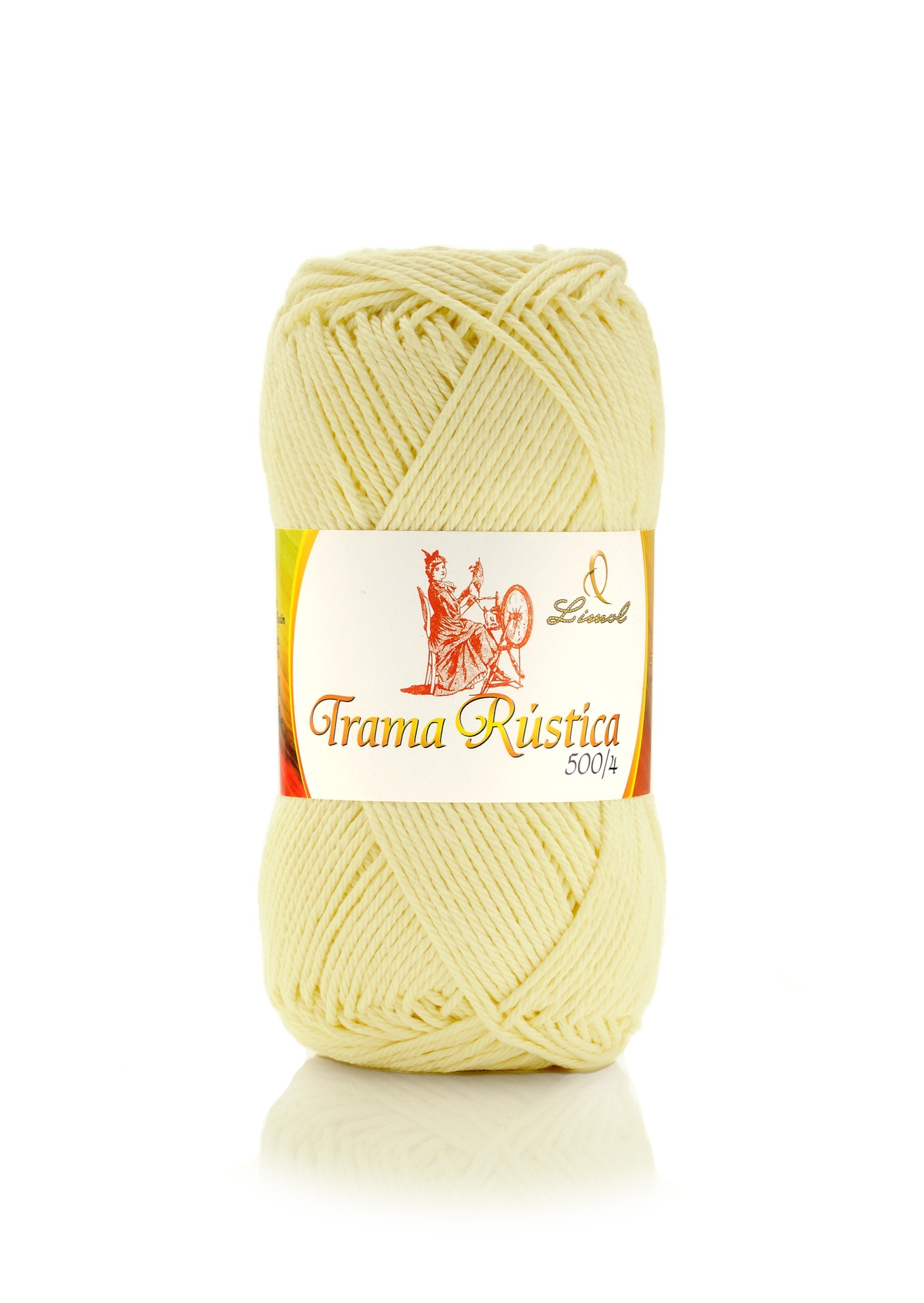 Novelo de fio creme com rótulo 'Trama Rústica 500/4'