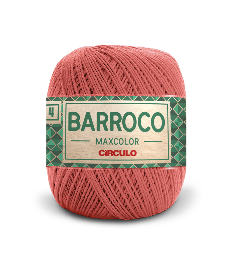 Novelo de fio coral com rótulo 'BARROCO MAXCOLOR CÍRCULO'