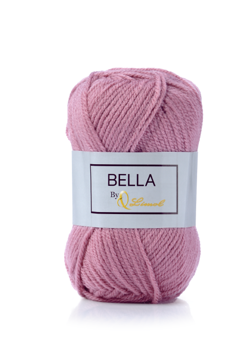 Novelo de lã rosa com etiqueta branca e texto preto e dourado