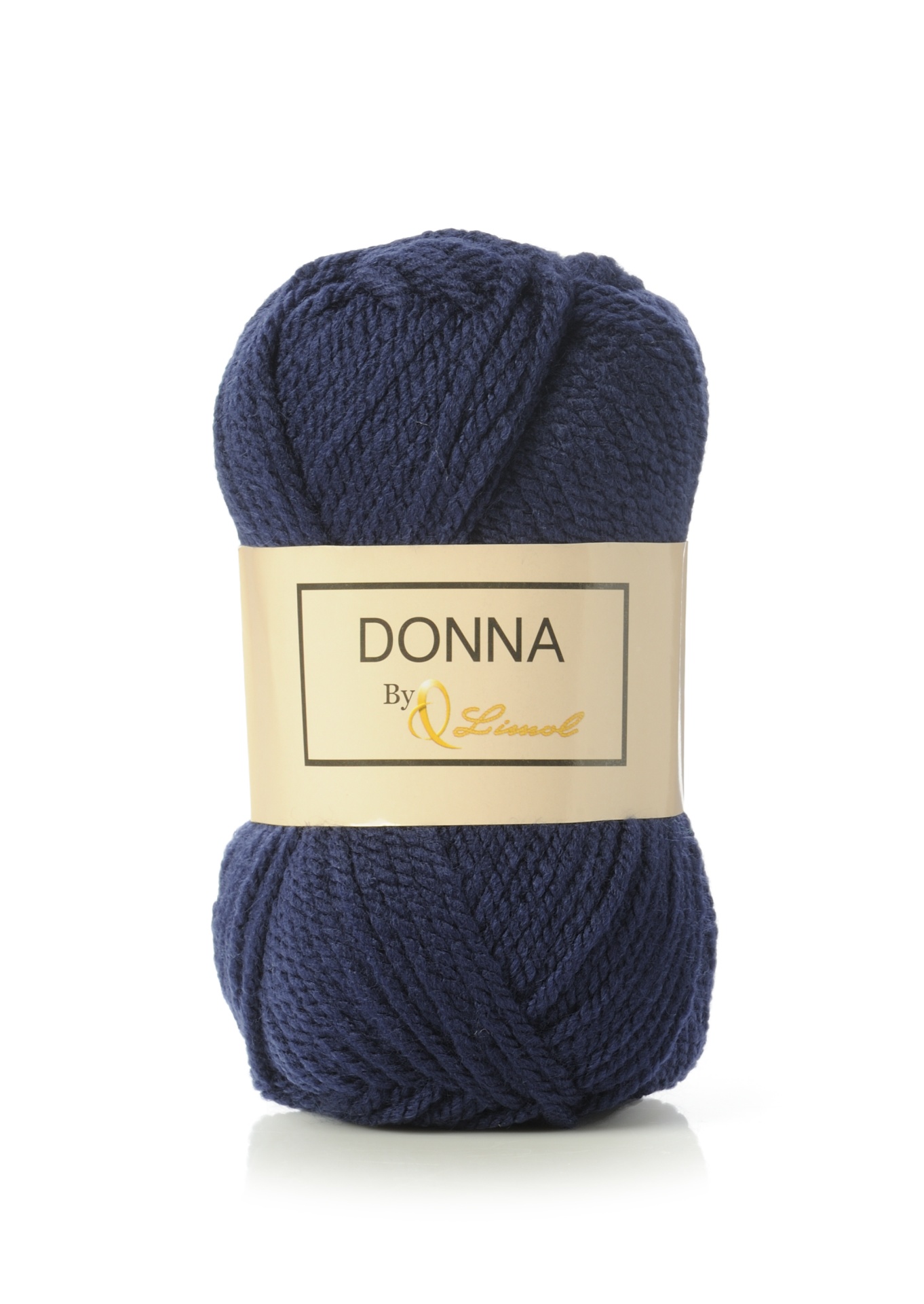 Novelo de lã azul escuro com etiqueta DONNA By Q Leinool