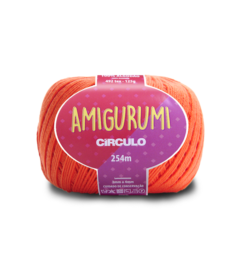 Novelo de linha laranja com etiqueta roxa AMIGURUMI da marca Círculo