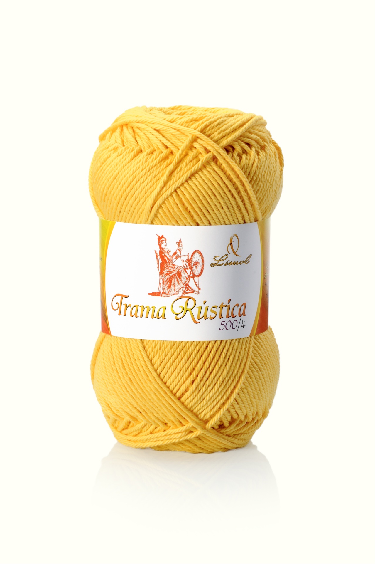 Novelo de lã amarela com etiqueta Trama Rústica 500/4