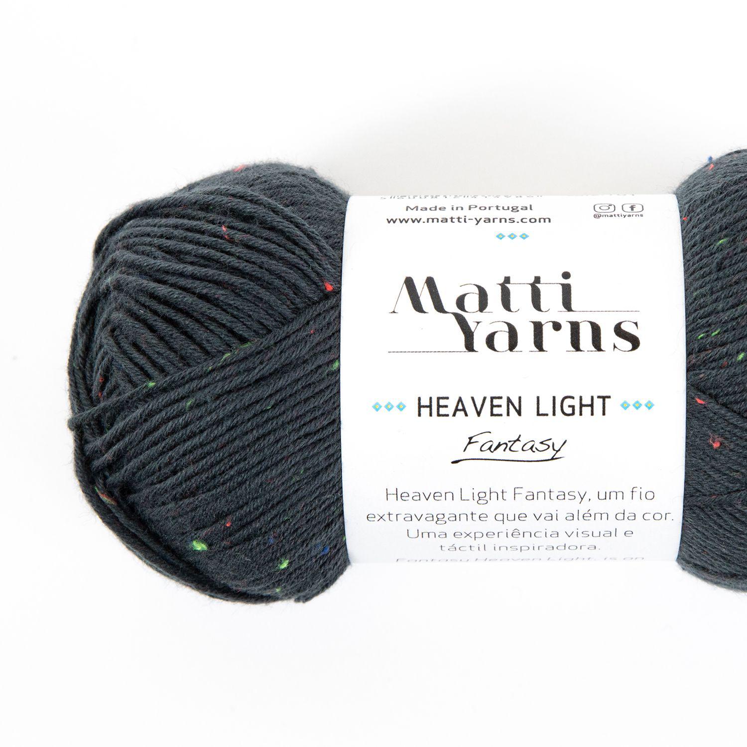 Skein of dark grey yarn with colored flecks and white label