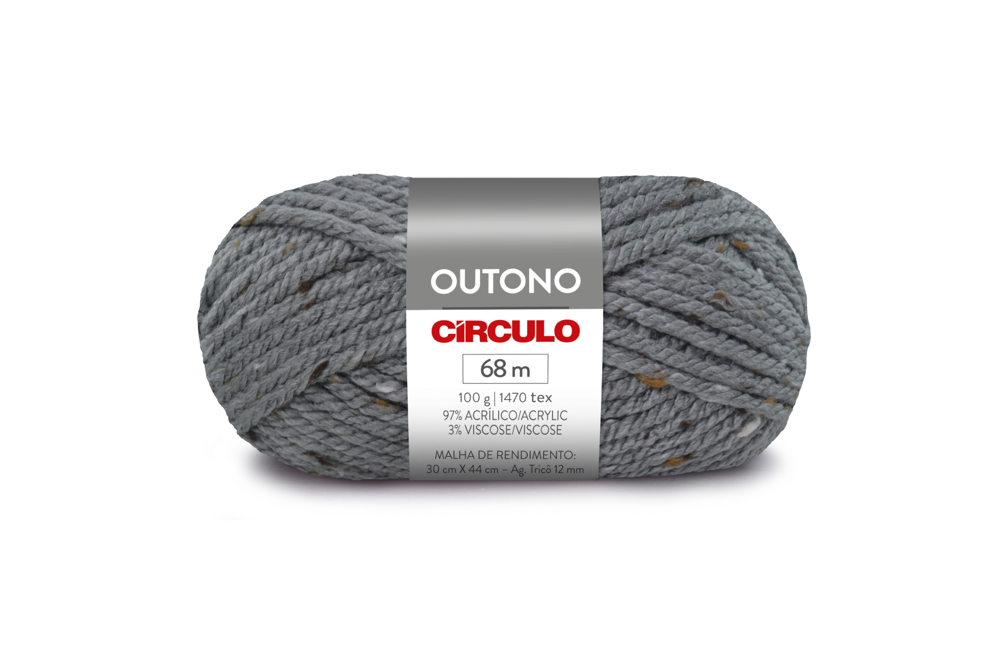 Novelo de lã cinzenta com fios castanhos e pretos e etiqueta da marca CÍRCULO