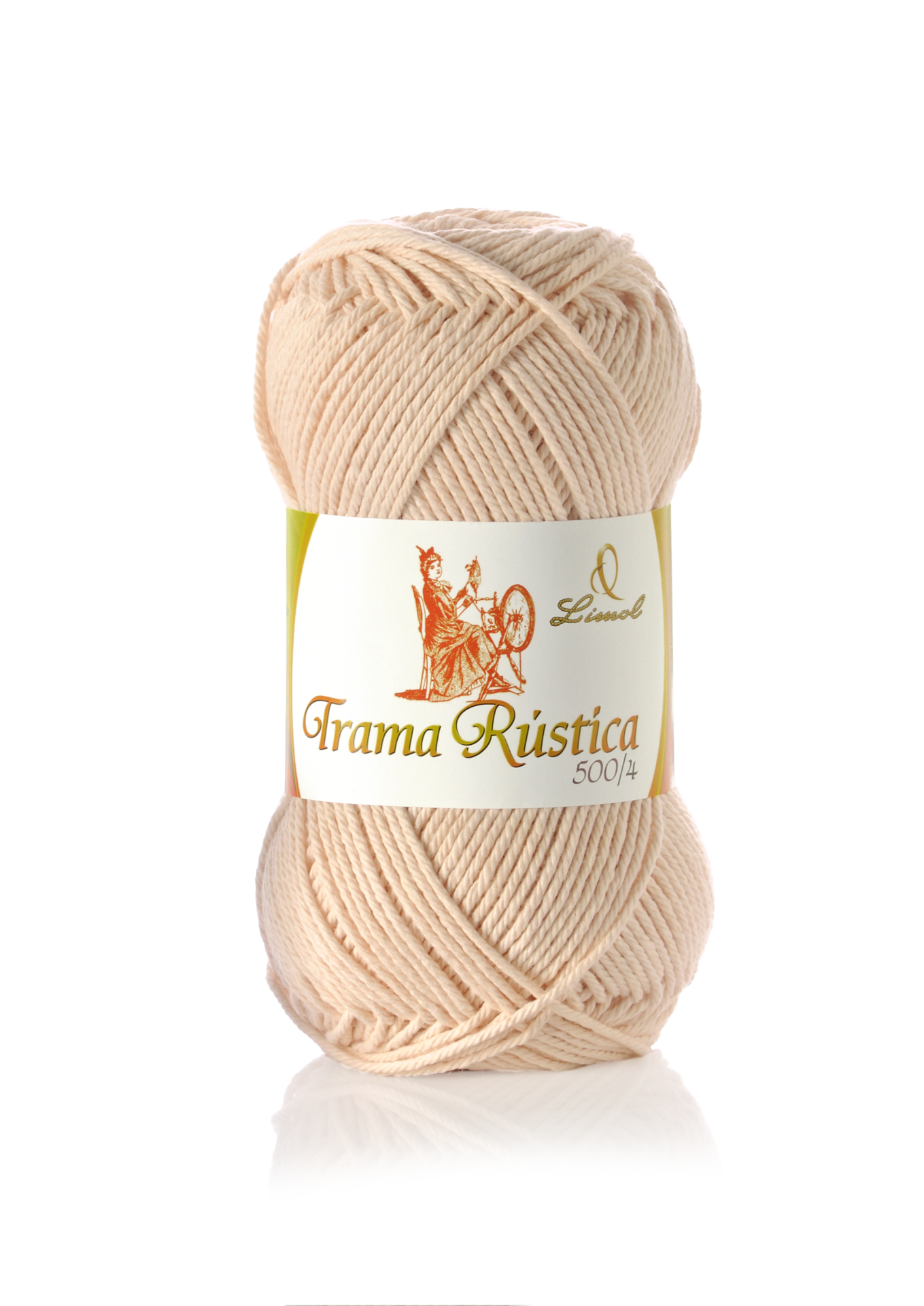 Novelo de fio Trama Rústica bege claro com etiqueta branca