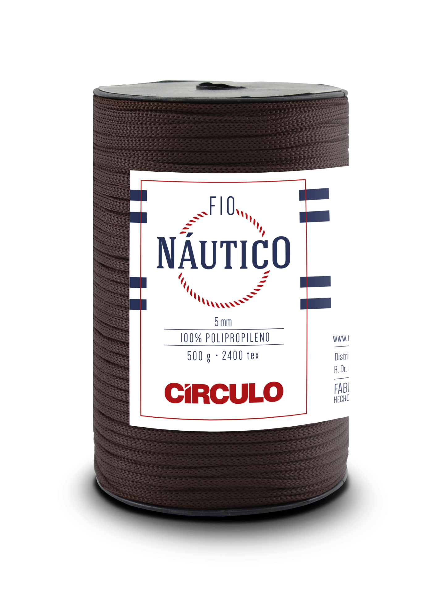 Rolo de fio náutico castanho de 5 mm com rótulo branco e azul