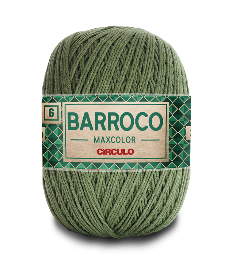 Rolo de fio verde com etiqueta com texto Barroco Maxcolor Círculo