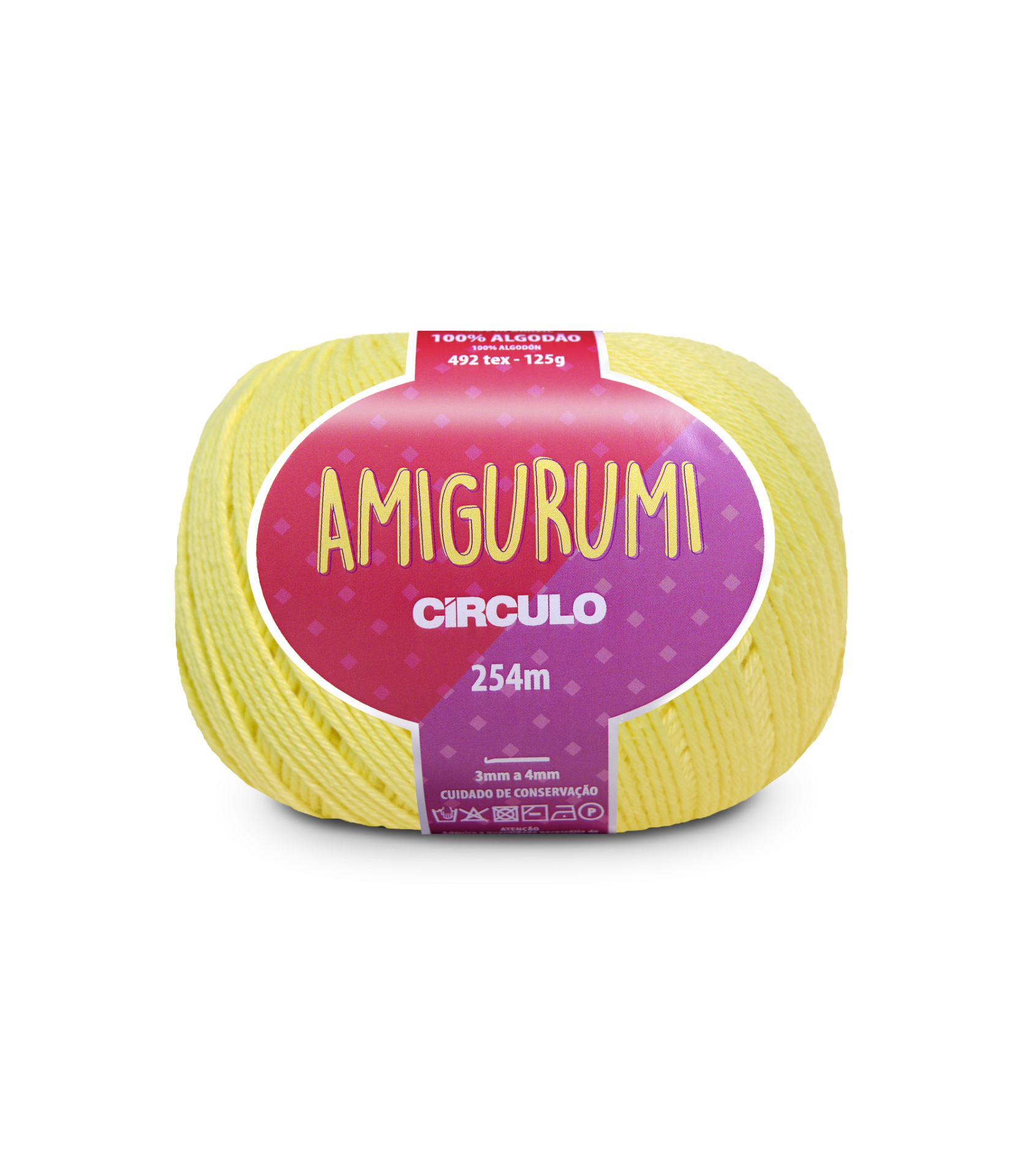 Novelo de lã amarelo claro com etiqueta rosa e roxa AMIGURUMI CÍRCULO