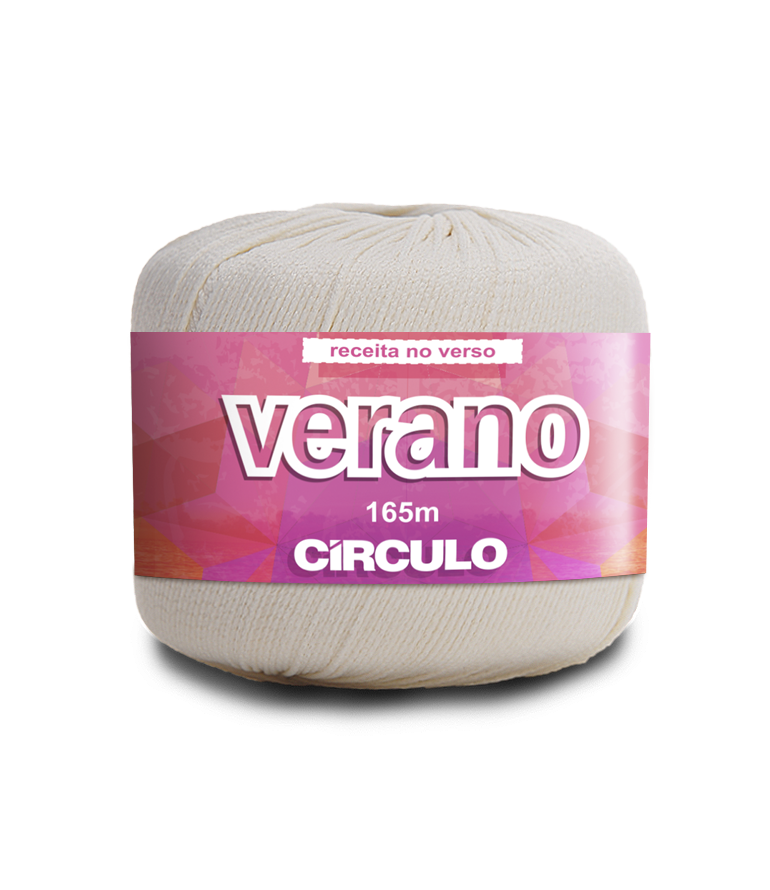 Novelo de fio bege com etiqueta rosa e texto Verano 165m CIRCULO