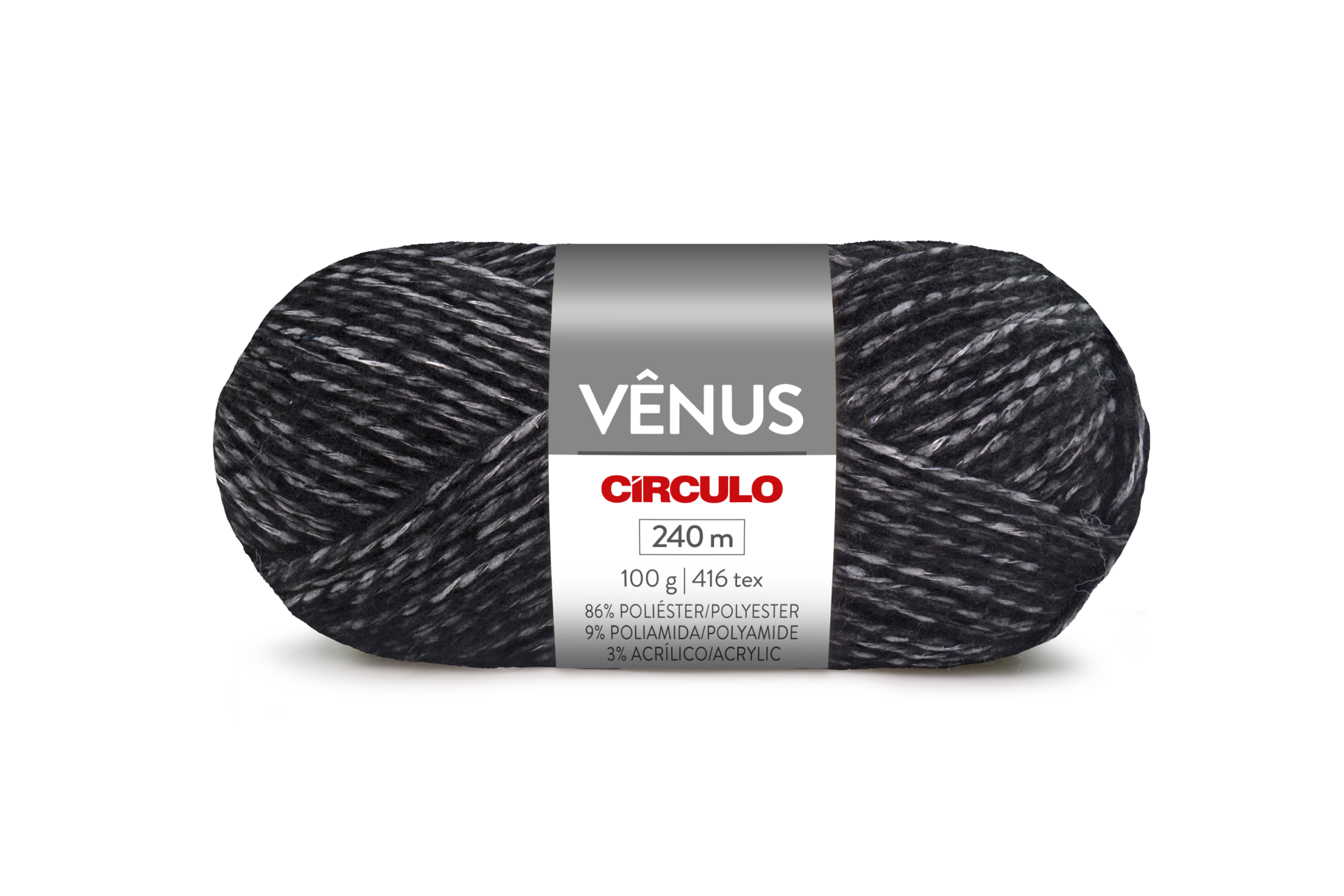 Novelo de fio Vênus Círculo preto e cinza mesclado com rótulo