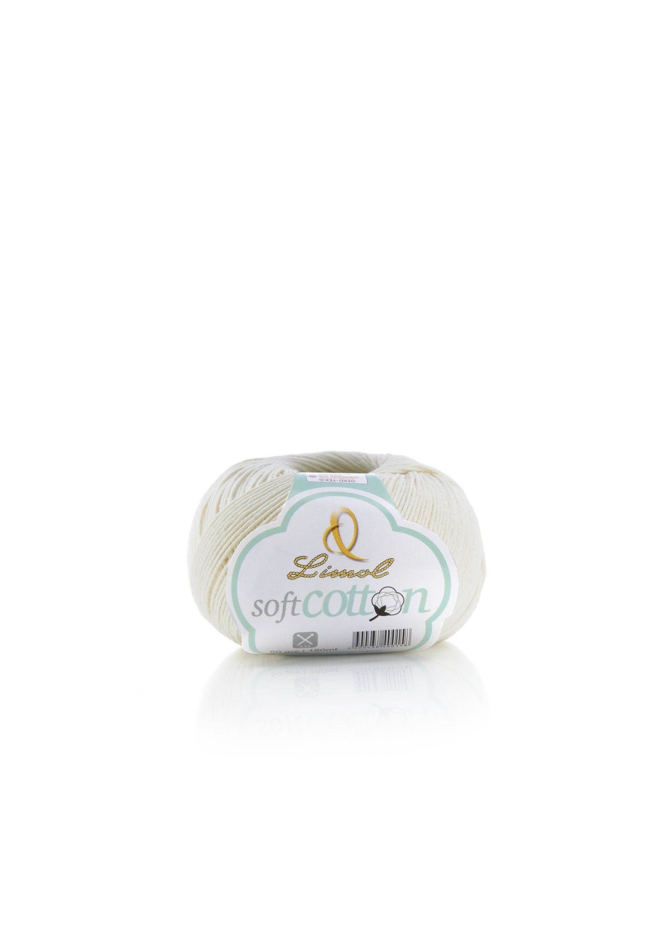 Novelo de fio algodão branco com rótulo Lincool soft cotton