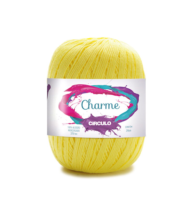 Novelo de fio amarelo com etiqueta branca da marca Círculo charmo