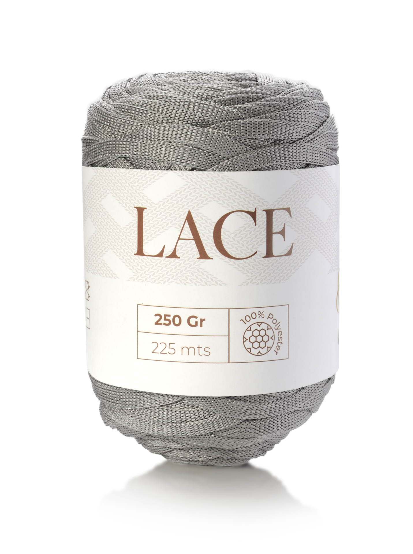 Novelo de fio cinzento com etiqueta branca indicando LACE, peso e comprimento.