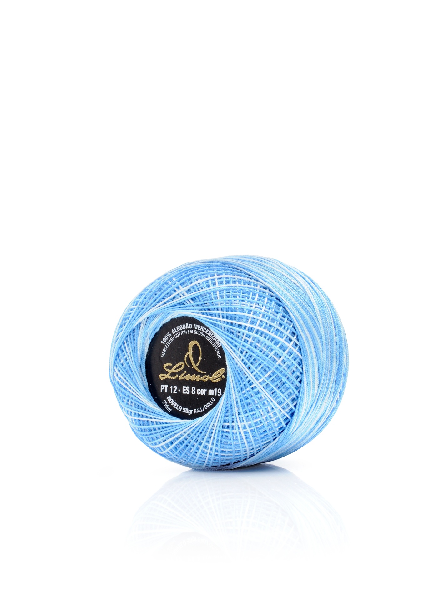 Novel de linha azul claro com etiqueta preta e texto em fundo branco