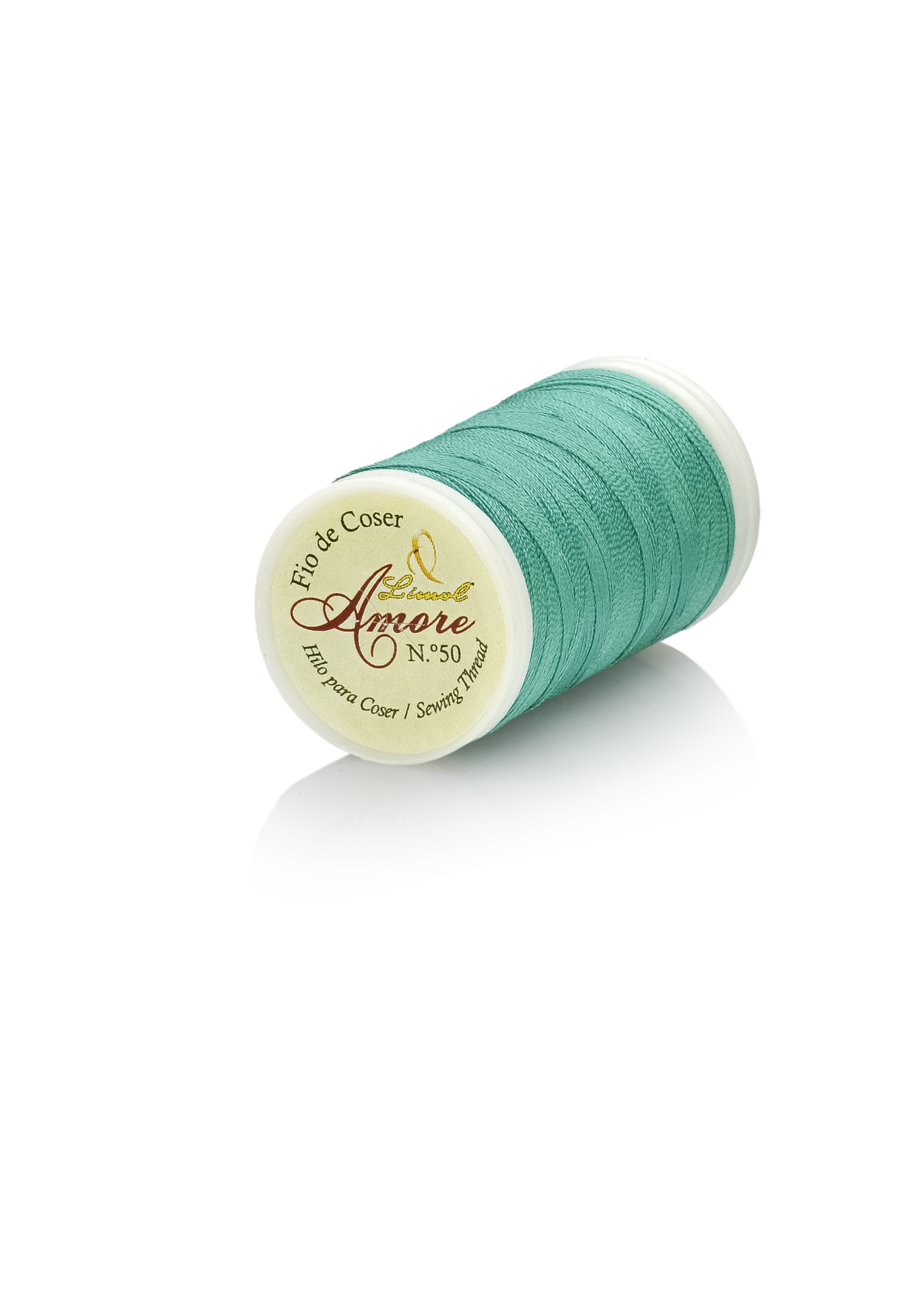 Rolo de linha verde água para coser com rótulo rotativo