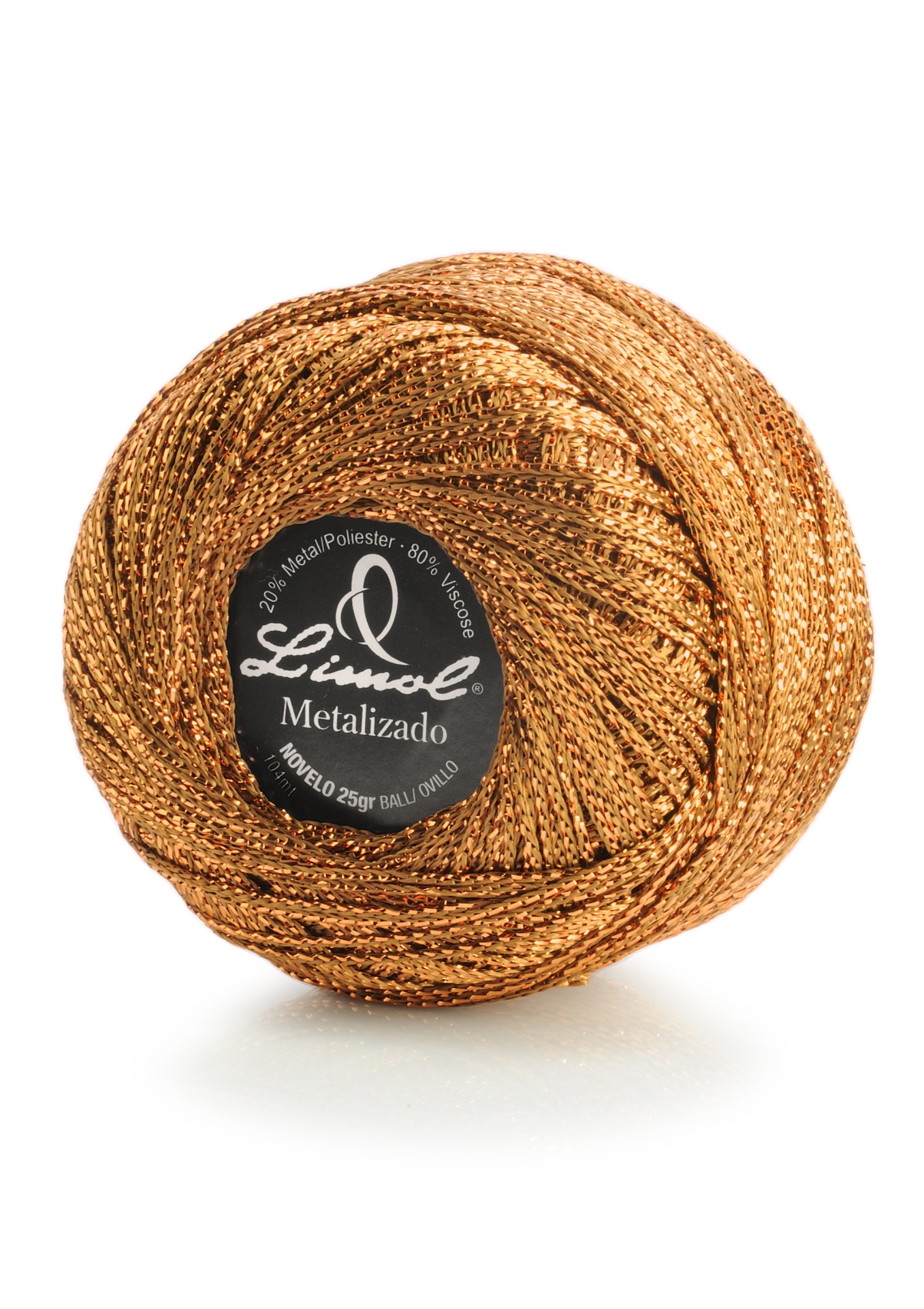 Novelo de linha metalizada dourada Limol com etiqueta preta