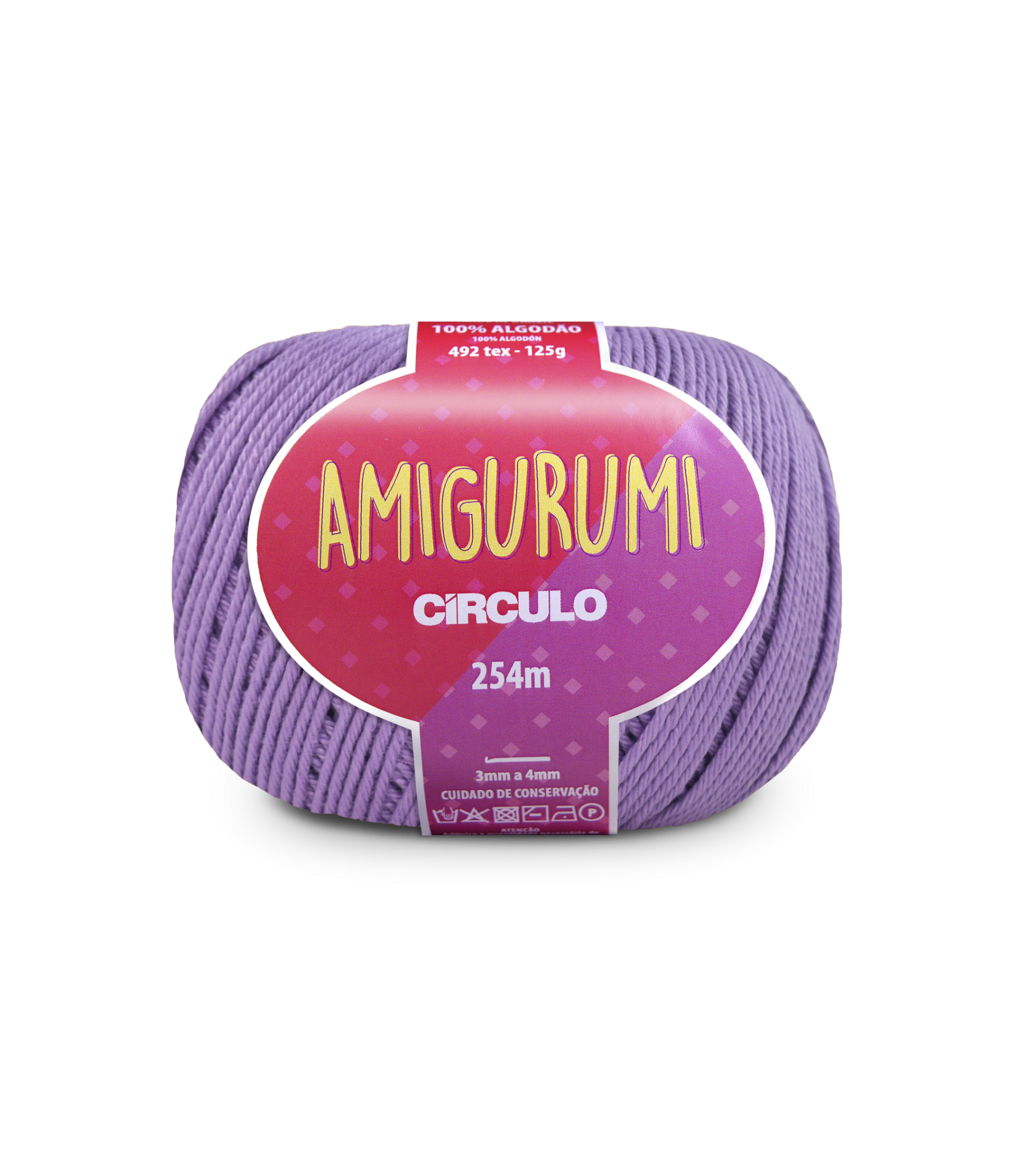 Novelo de fio lilás para amigurumi Círculo com rótulo vermelho e violeta