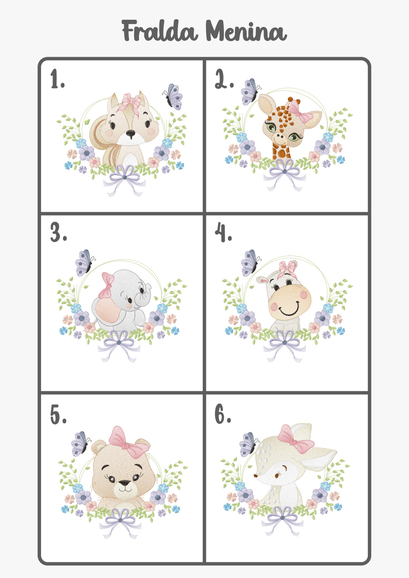 Seis desenhos de animais bebés com laços cor-de-rosa e flores, texto Fralda Menina