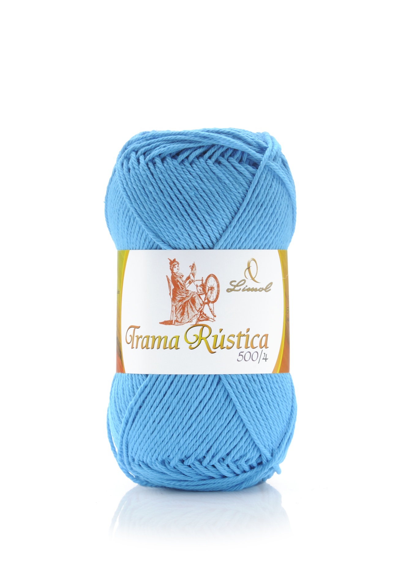 Novelo de lã azul clara com etiqueta Trama Rústica