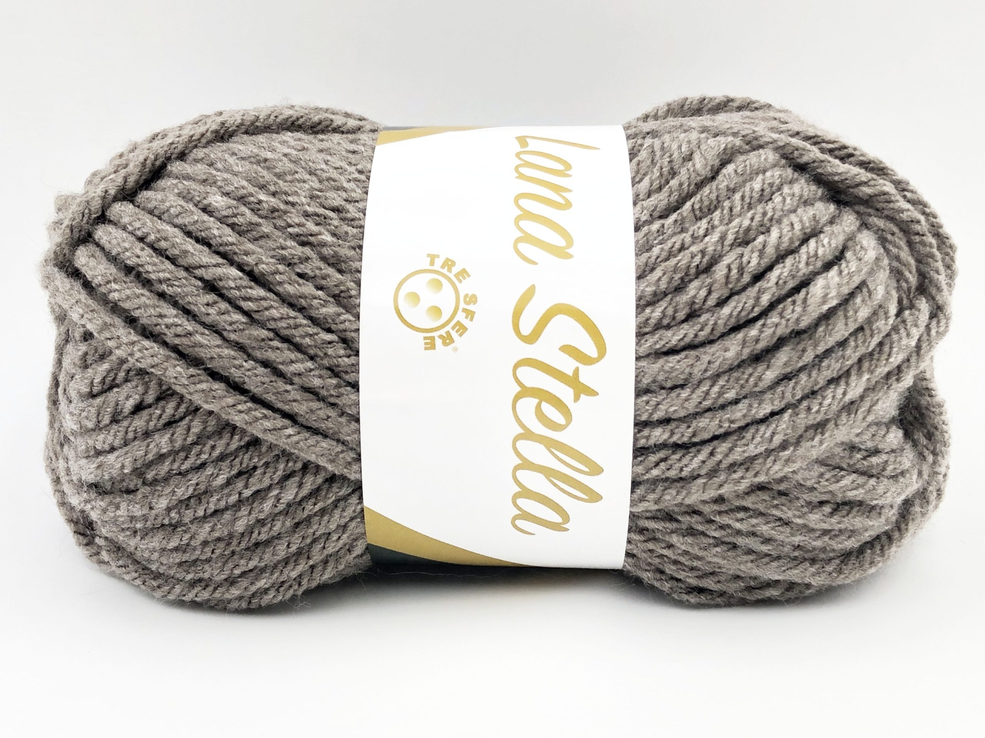 Novelo de lã cinzenta com etiqueta 'Lana Stella'