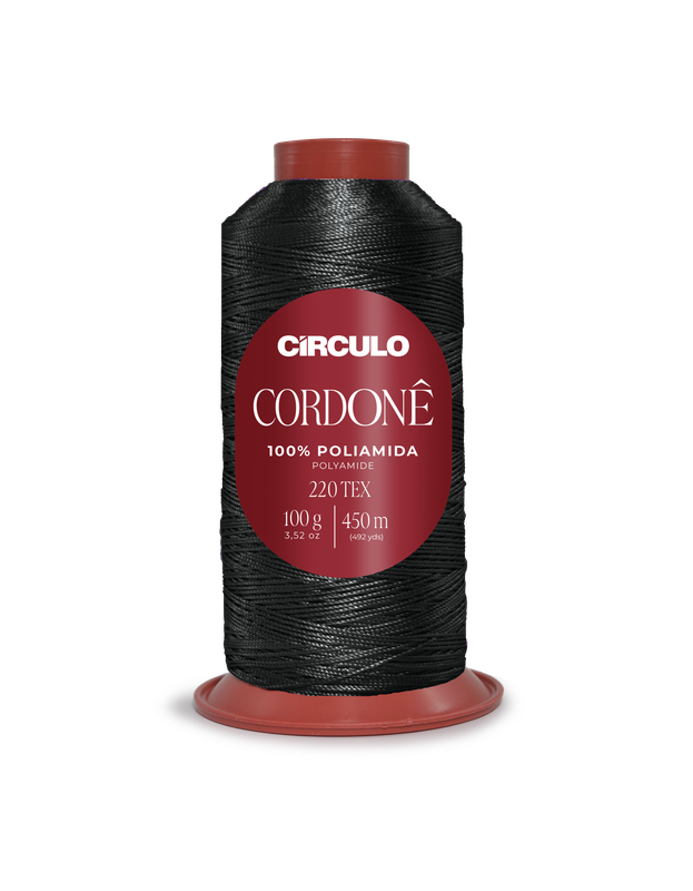 Cone de linha preta Círculo Cordonê com etiqueta vermelha e base plástica