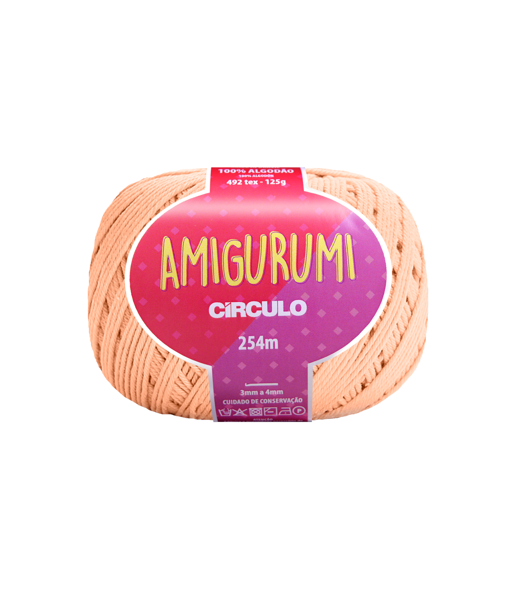 Rolo de fio de algodão cor salmão com rótulo colorido da marca Círculo