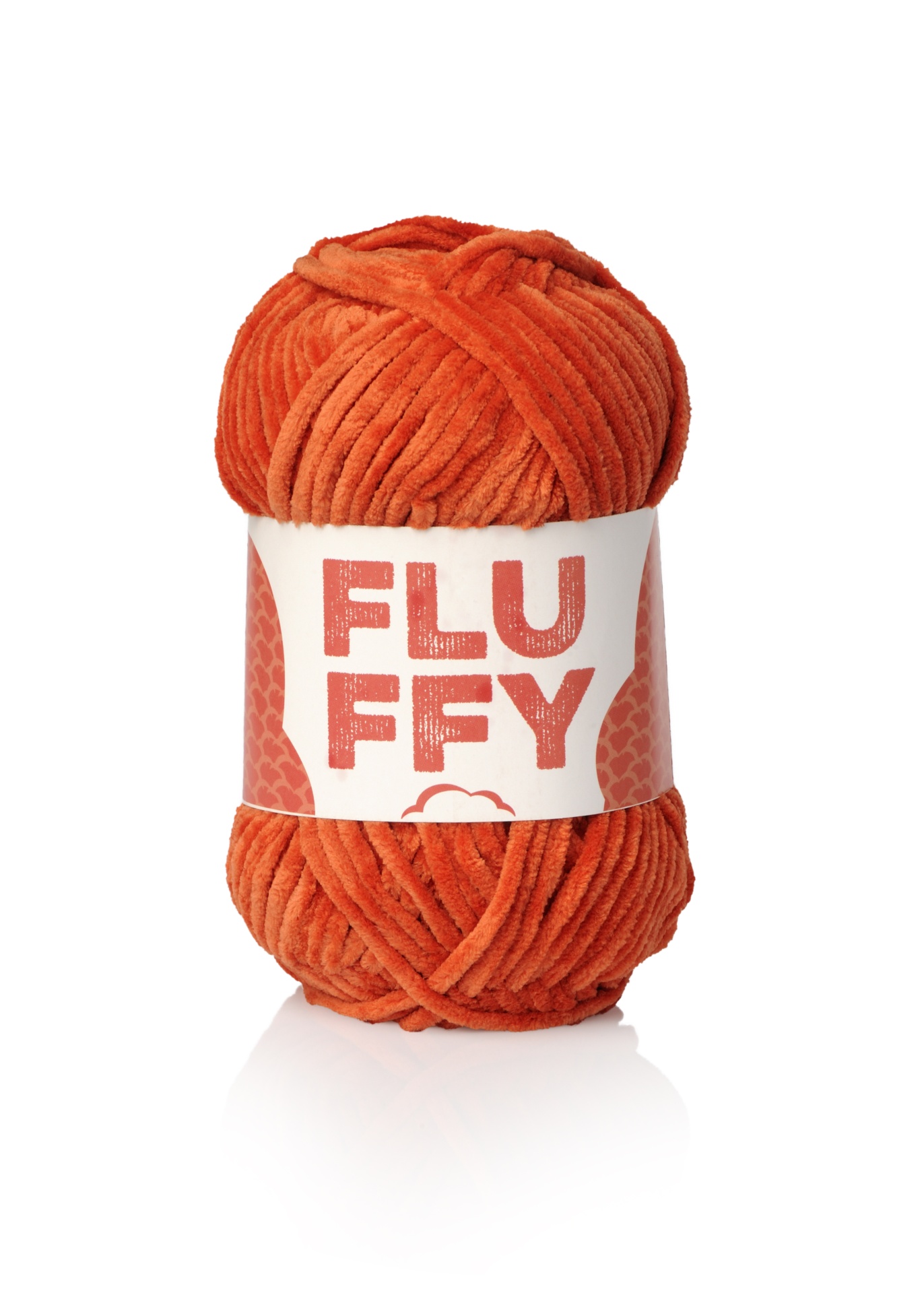 Novelo de fio de lã felpudo laranja com etiqueta FLUFFY