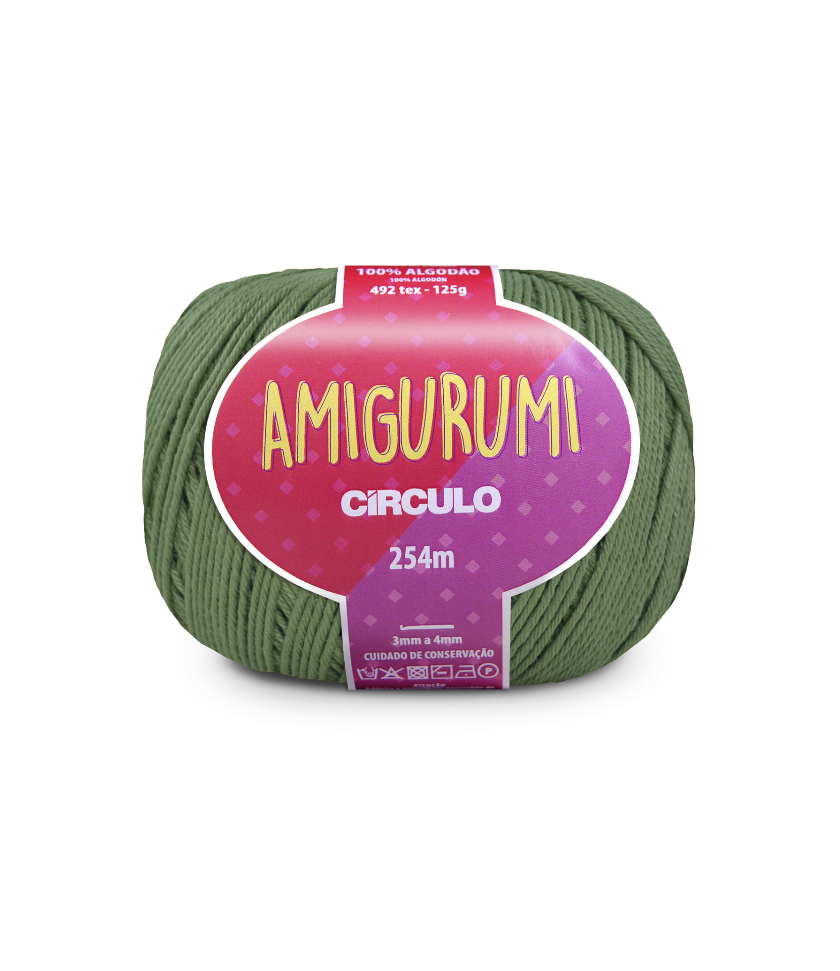 Novelo de fio verde para Amigurumi da marca Círculo com etiqueta rosa e branco
