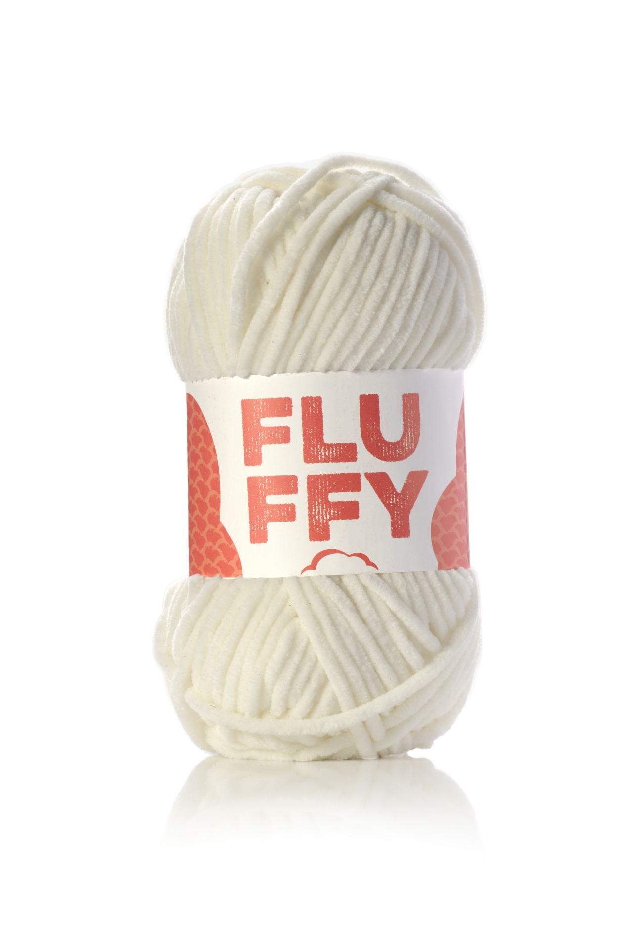 Novelo de lã branca com etiqueta FLUFFY