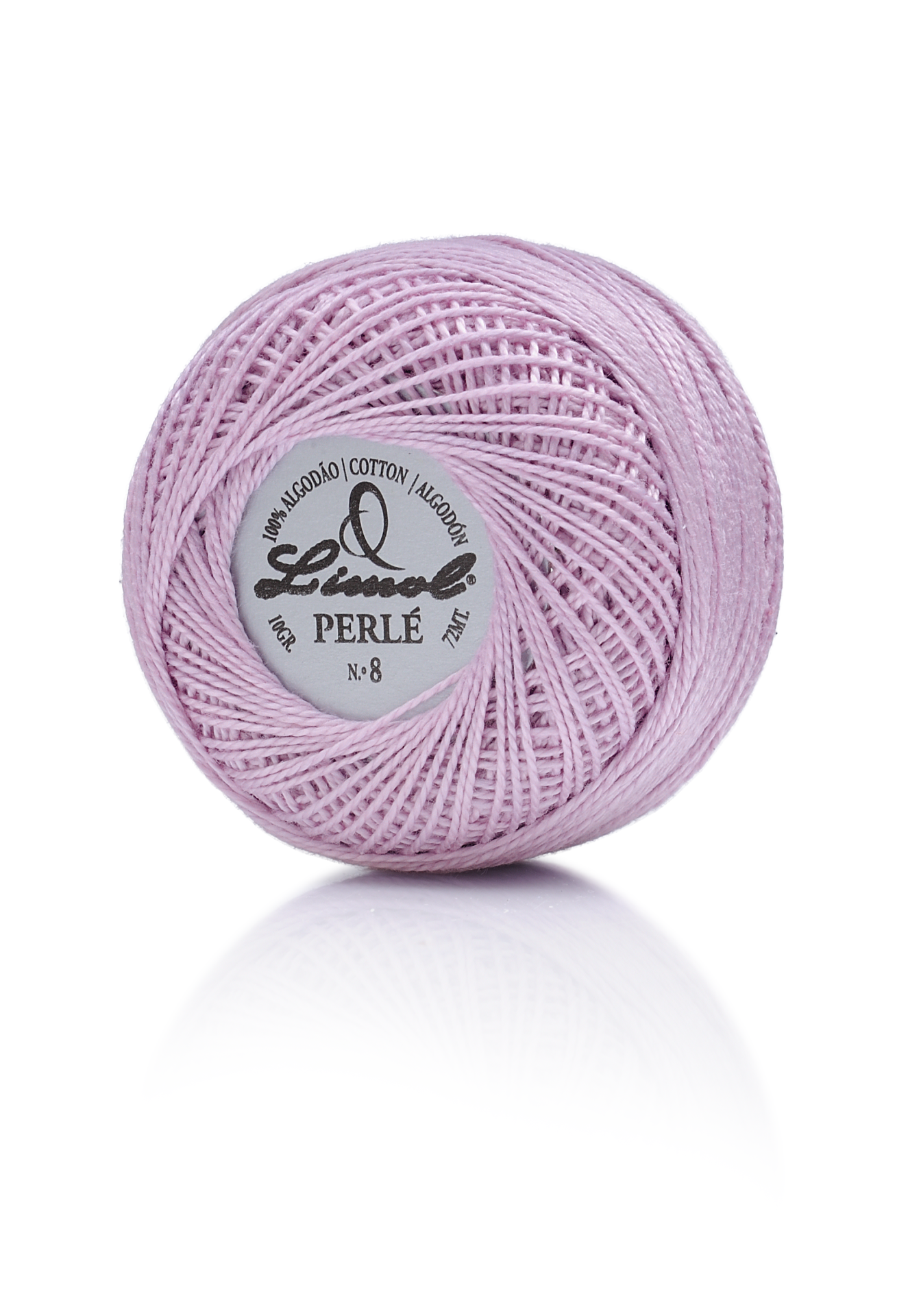 Novelo de fio de algodão lilás com etiqueta Limol PERLÉ N.º 8