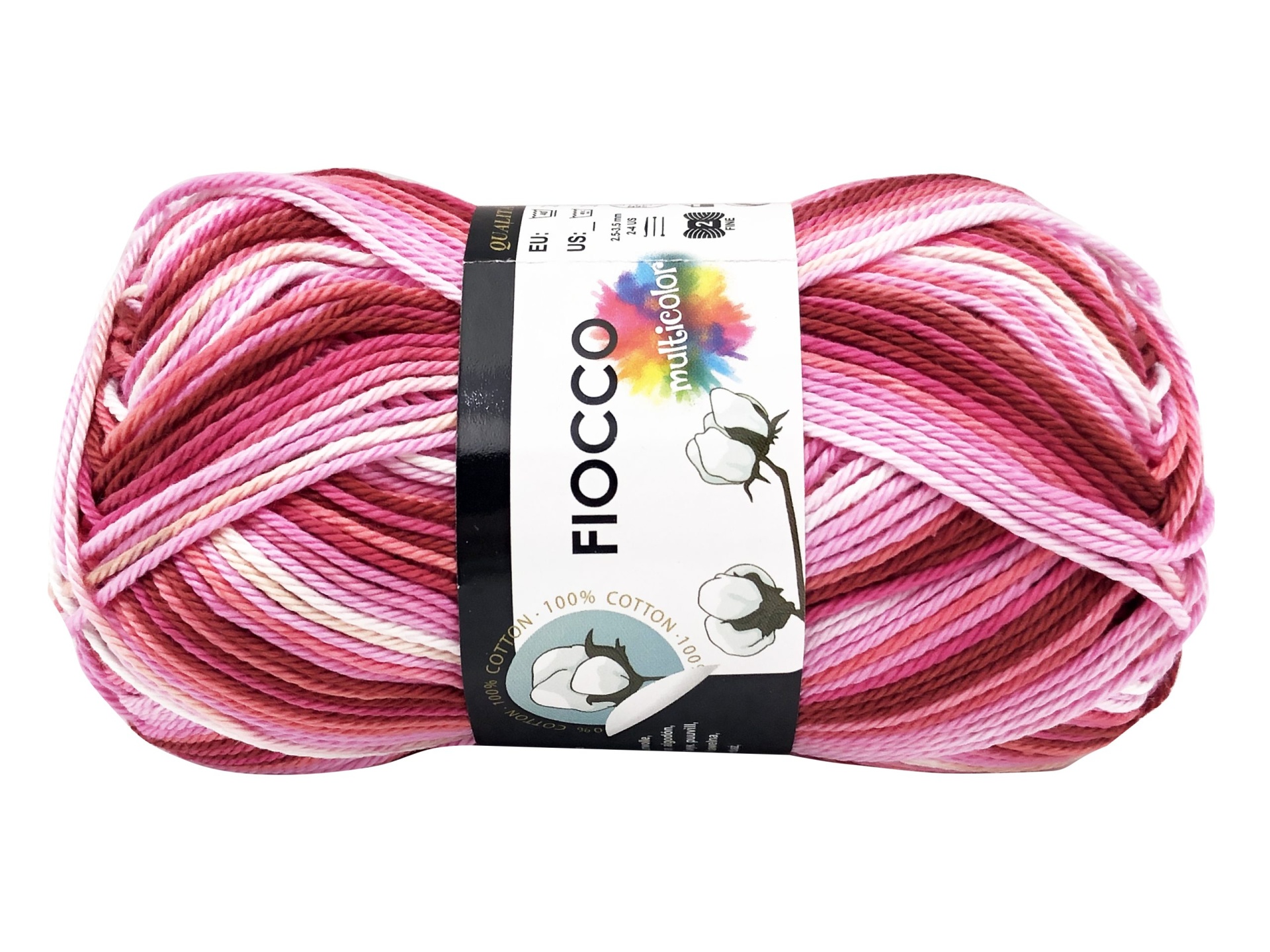 Novelo de fio multicolorido rosa, branco e vermelho com etiqueta