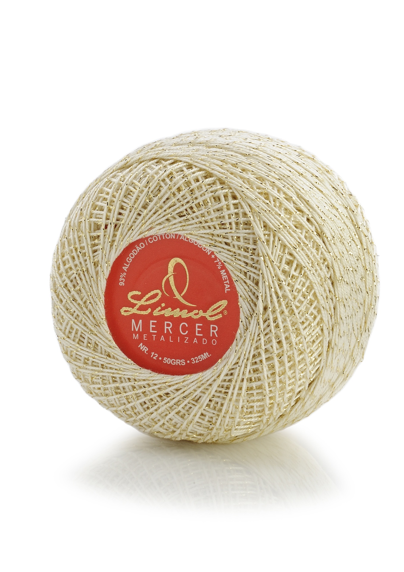 Rolo de linha Mercer metalizado creme com etiqueta vermelha
