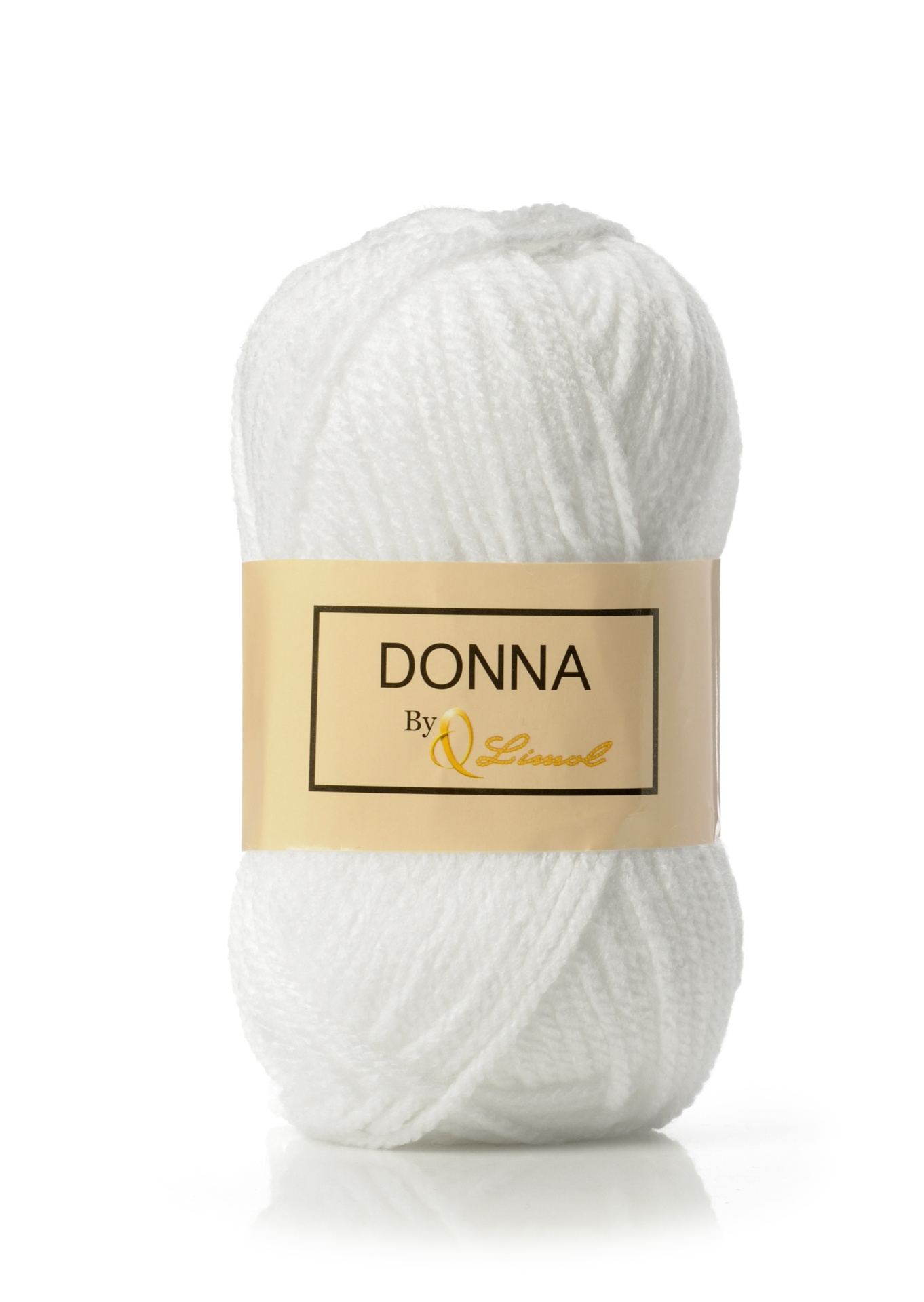 Novelo de lã branca com etiqueta DONNA By Q Lincol