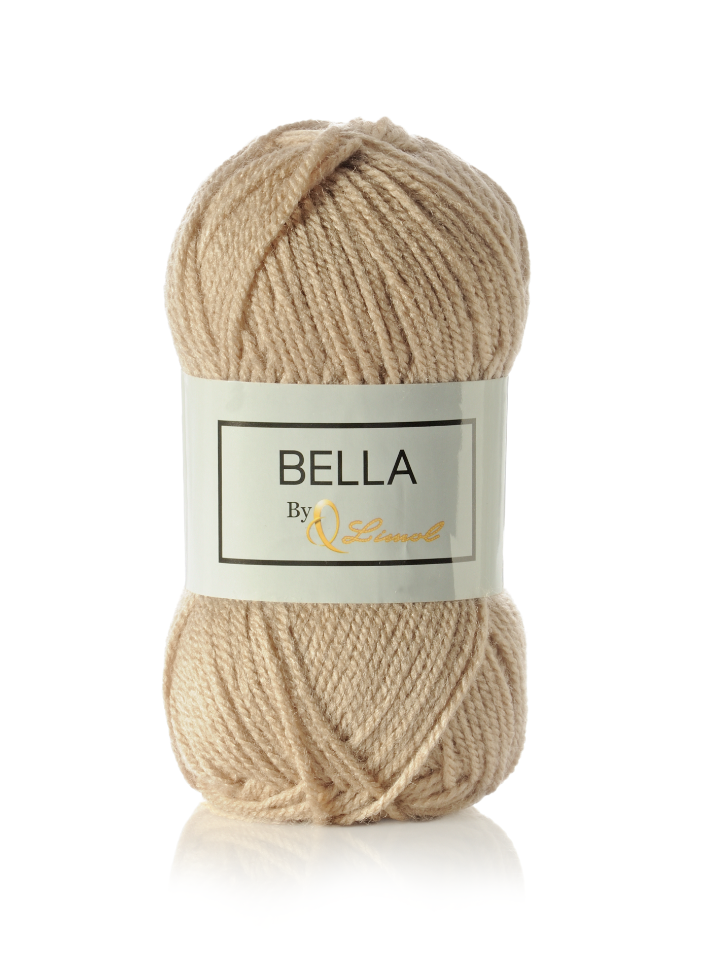 Novelo de lã bege claro com etiqueta branca marcada BELLA