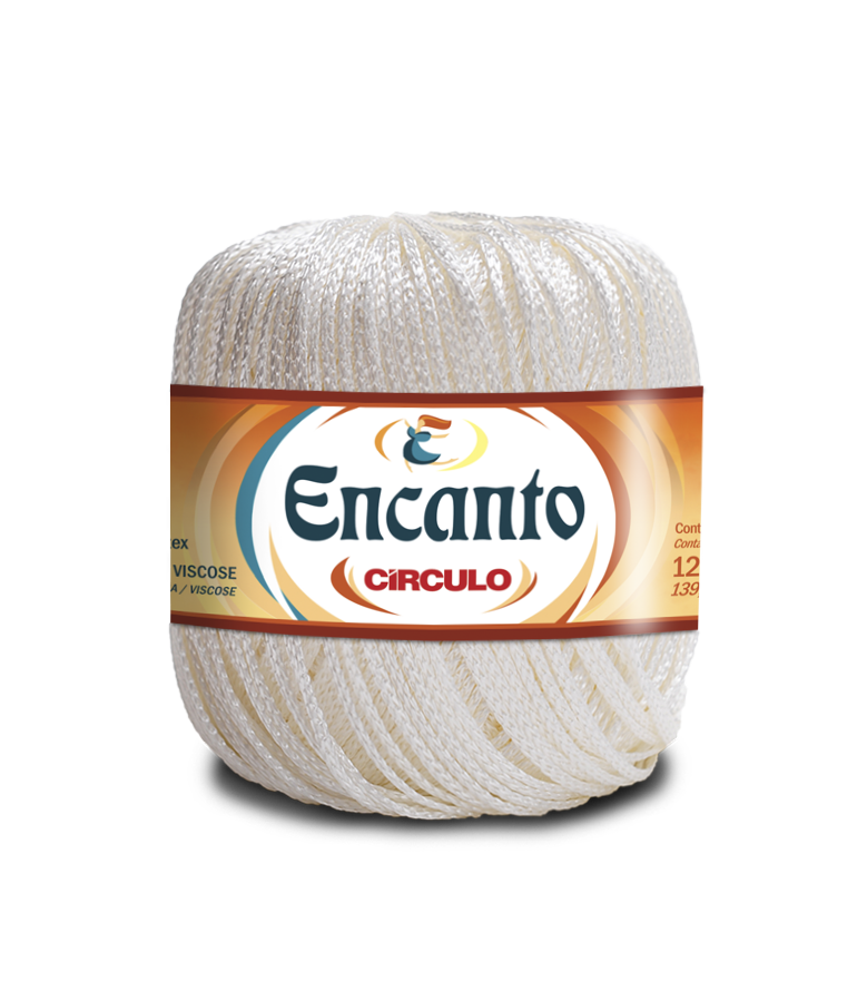 Novelo de fio Encanto Circulo branco com rótulo laranja