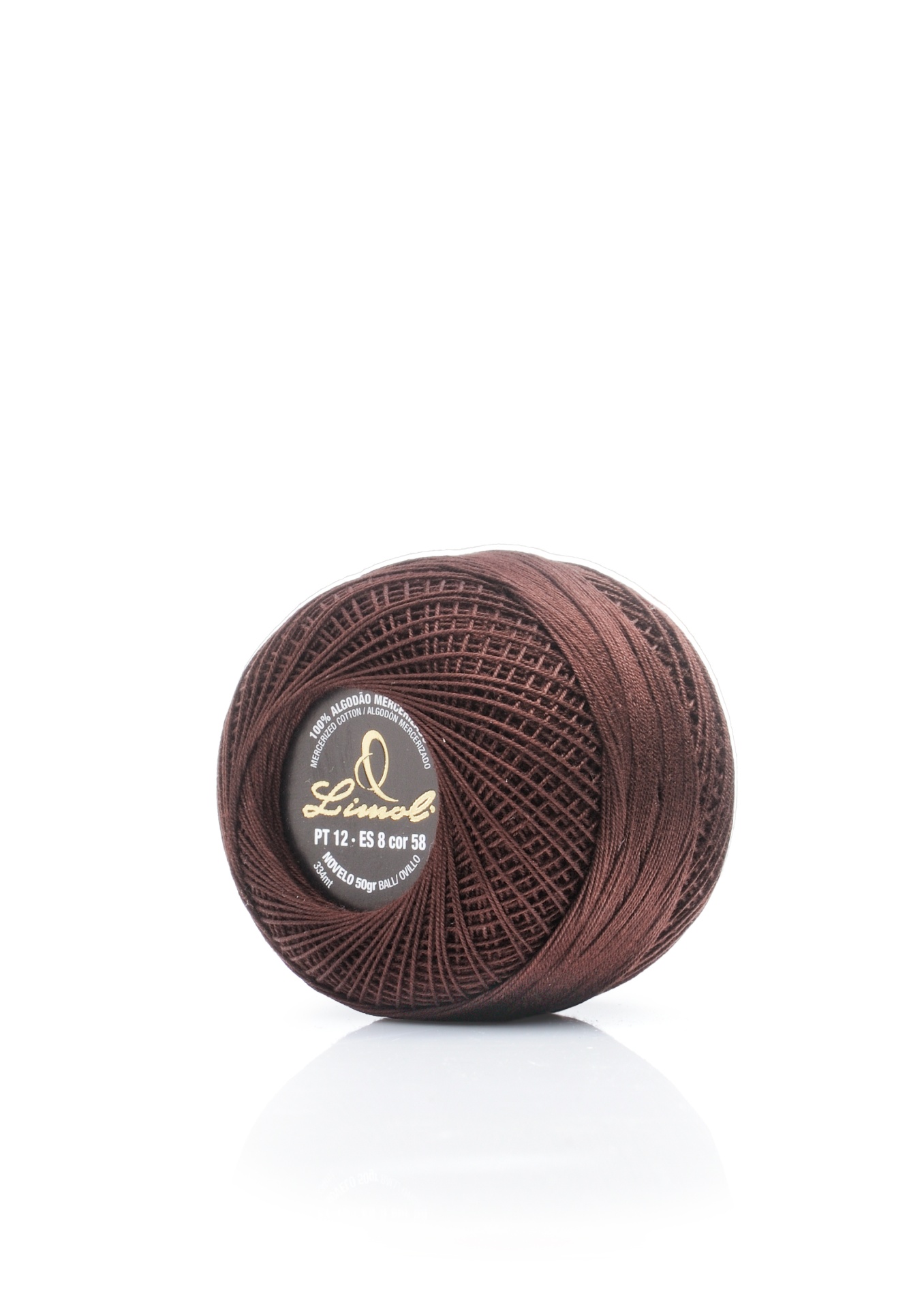 Rolo de linha castanha escura Linda com etiqueta no centro