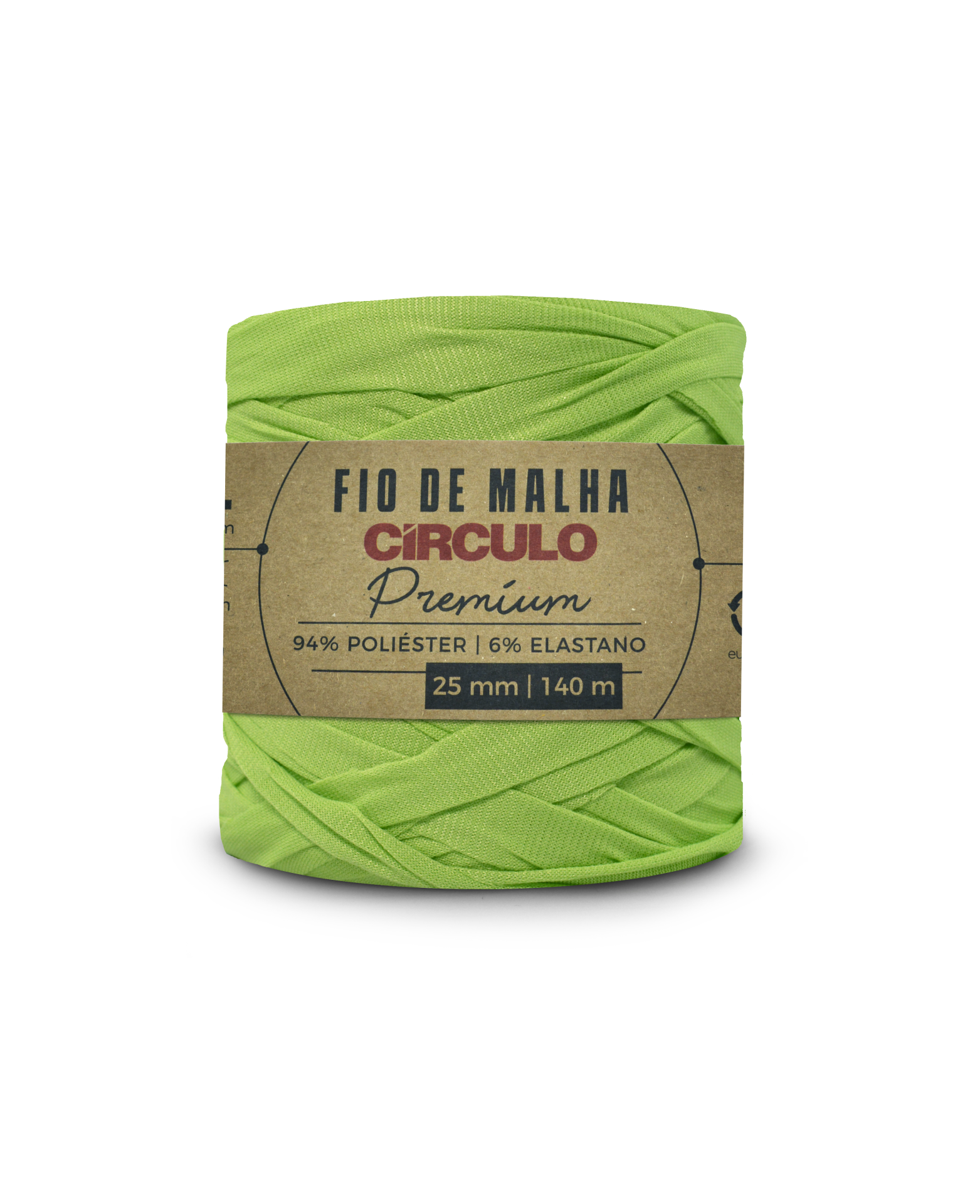 Rolo de fio de malha verde claro com etiqueta de papel castanho