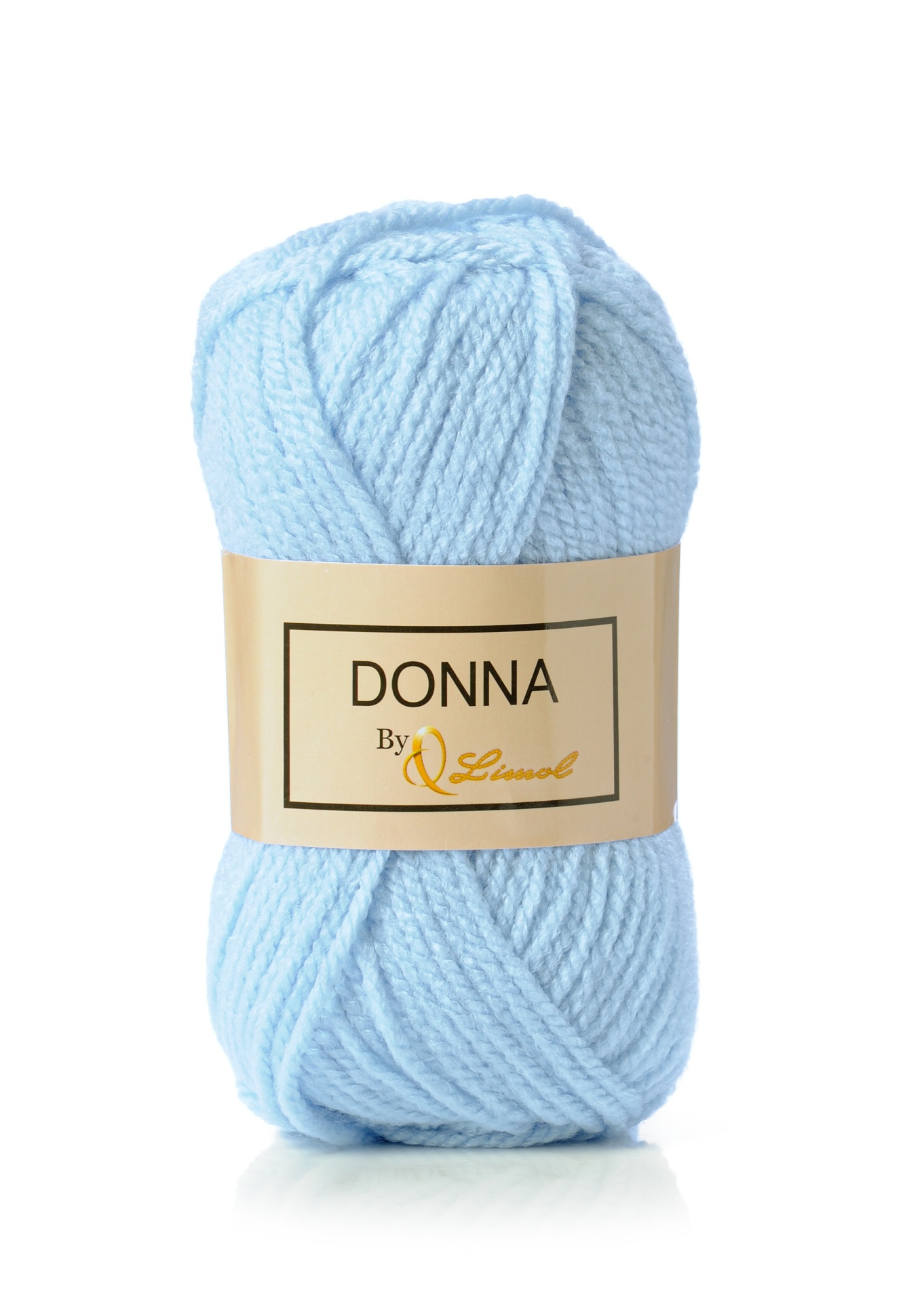 Novelo de lã azul claro com etiqueta DONNA By Q Limol