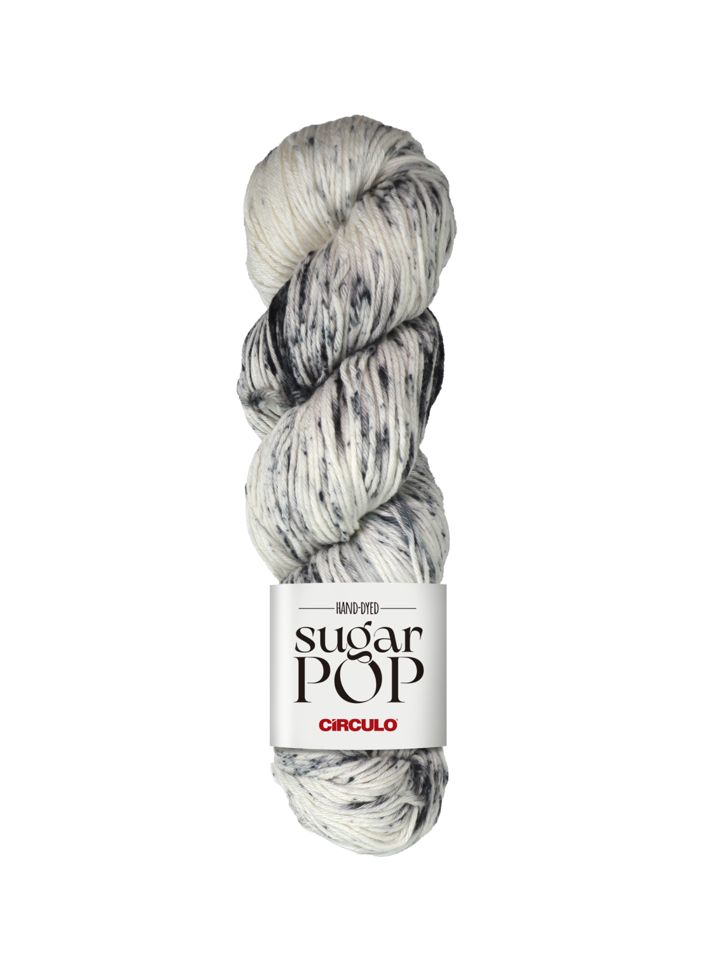 Novelo de fio manchado em branco, cinza e preto com rótulo