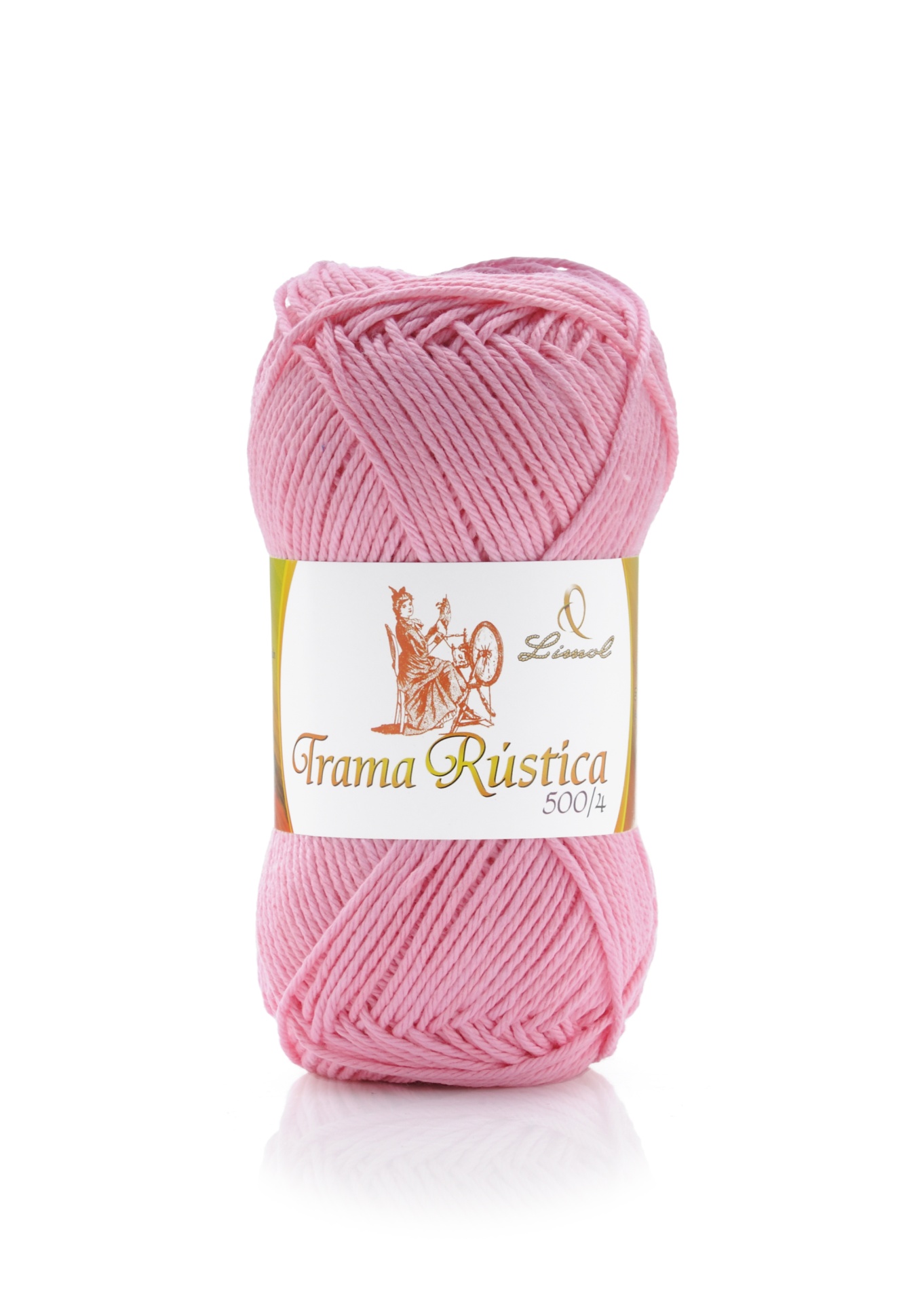Novelo de lã cor-de-rosa com etiqueta branca e texto Trama Rústica 500/4