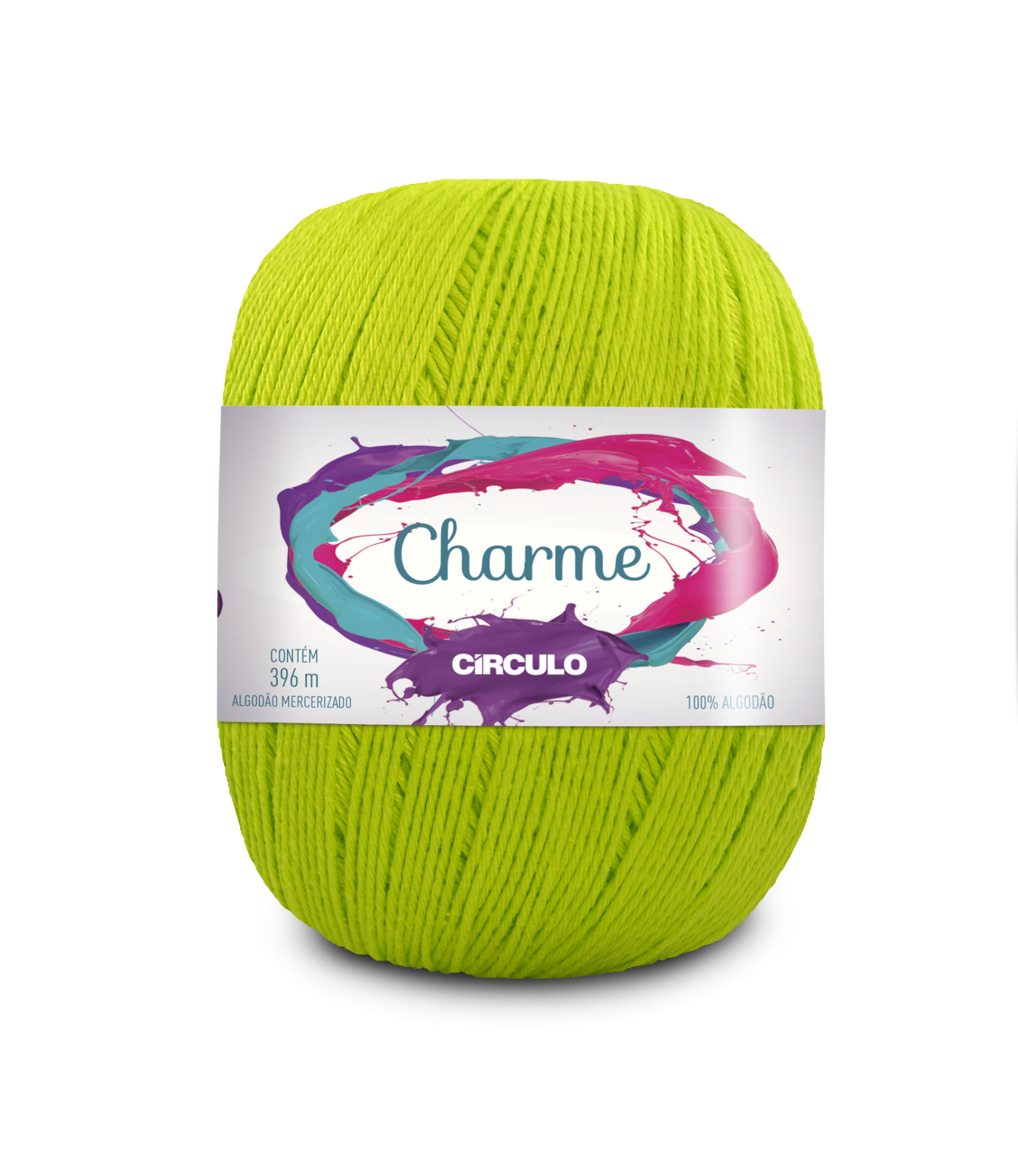 Novelo de fio de algodão verde-limão com etiqueta branca e colorida com a palavra Charme.
