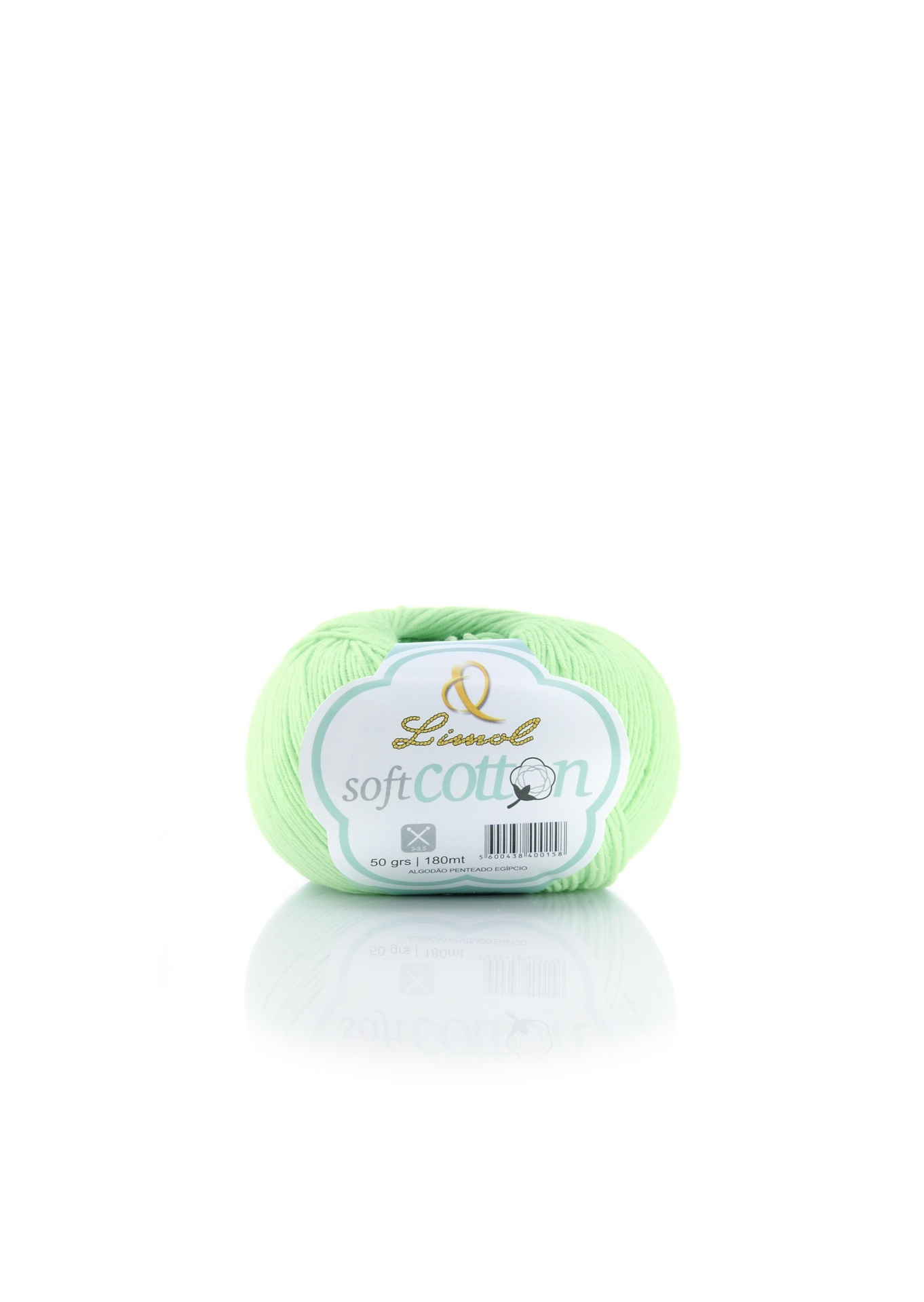 Novelo de lã de algodão verde claro com etiqueta 'Lisseud soft Cotton'